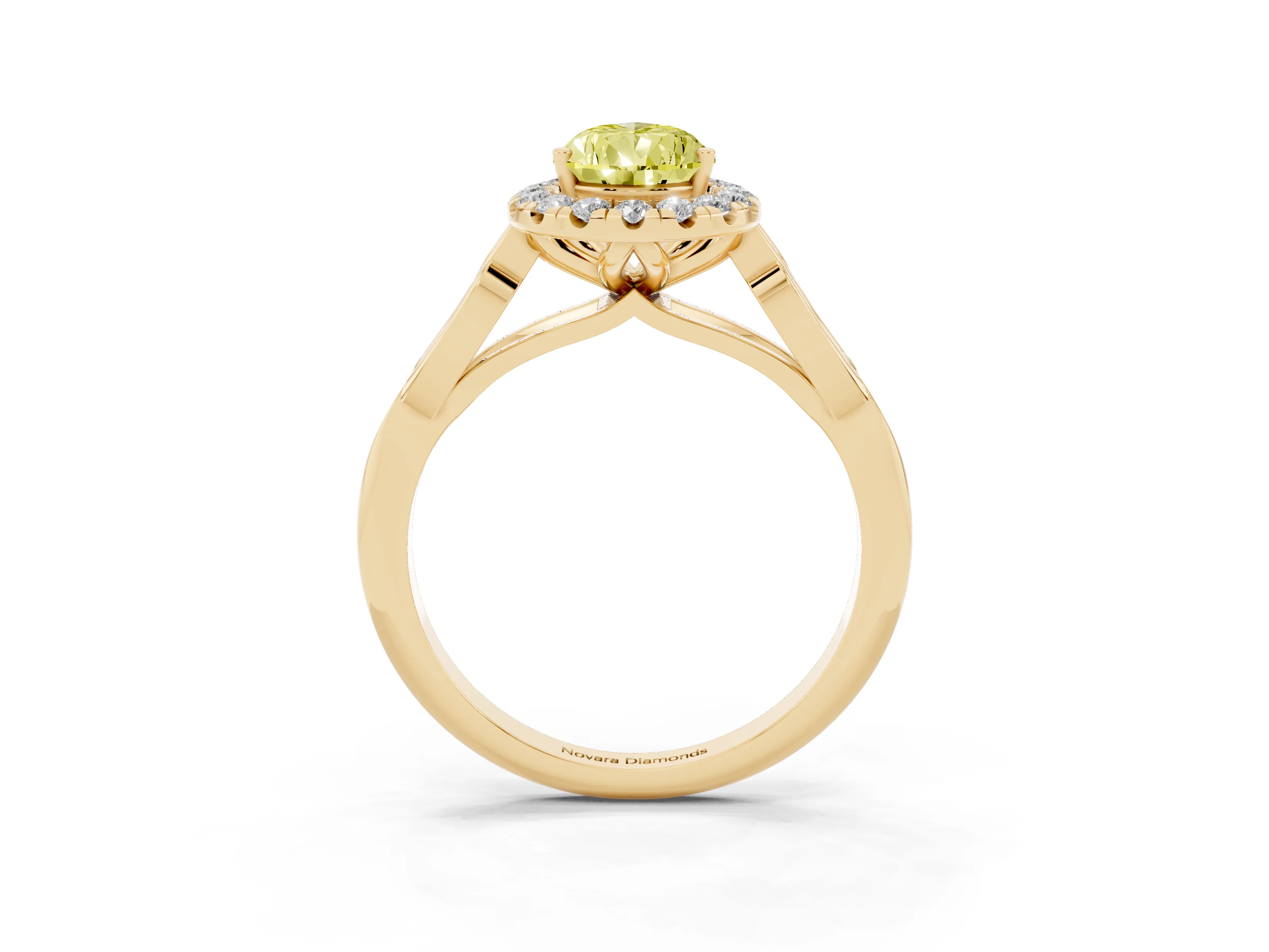 Fancy Yellow Pear Cut Diamond Halo Engagement Ring Set in Yellow gold with Filigree Band and Prong-Set Center