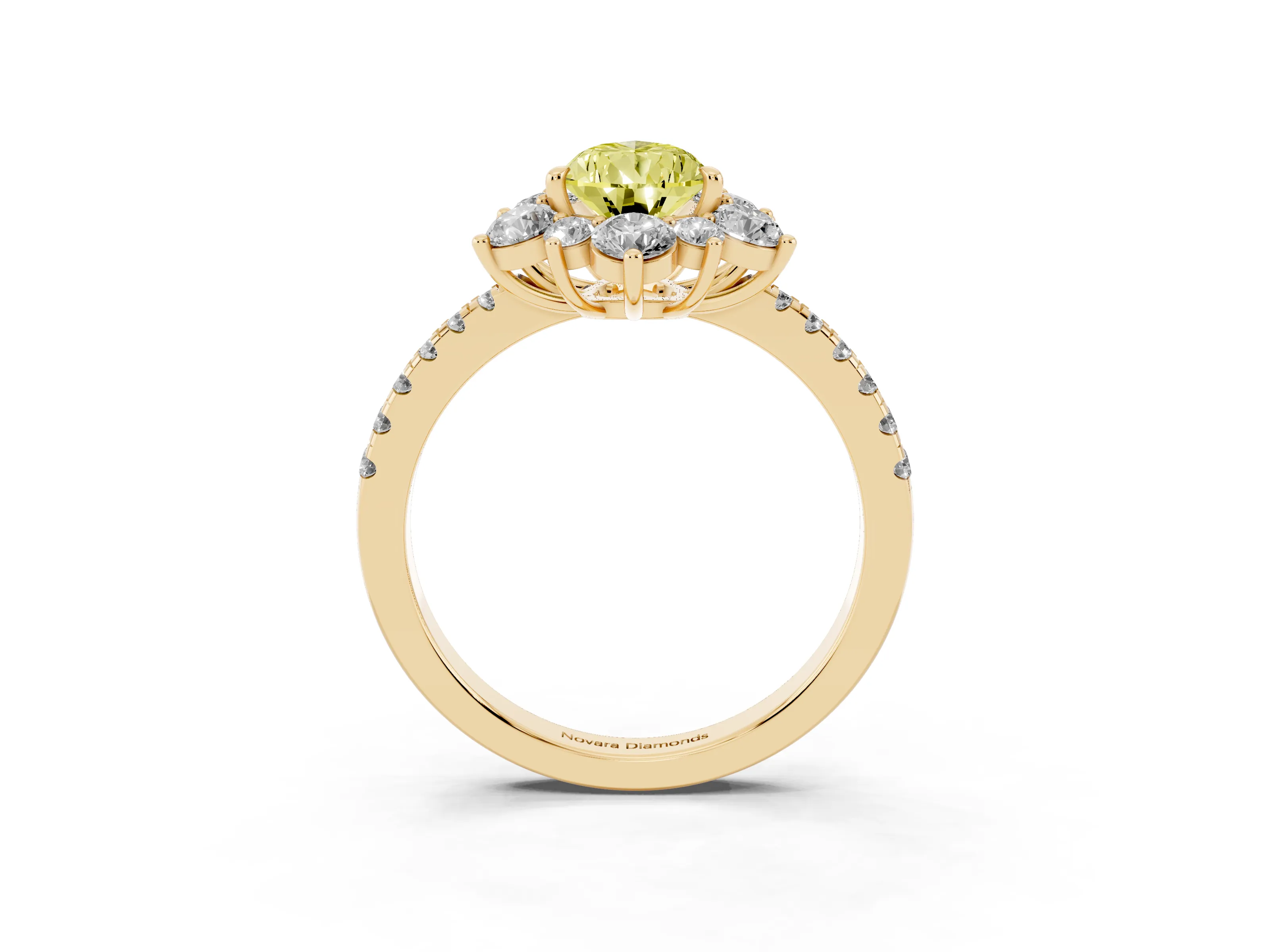 Fancy Yellow Pear Cut Diamond Floral Halo Ring Set in Yellow gold with Round Pavé Band and Prong Setting