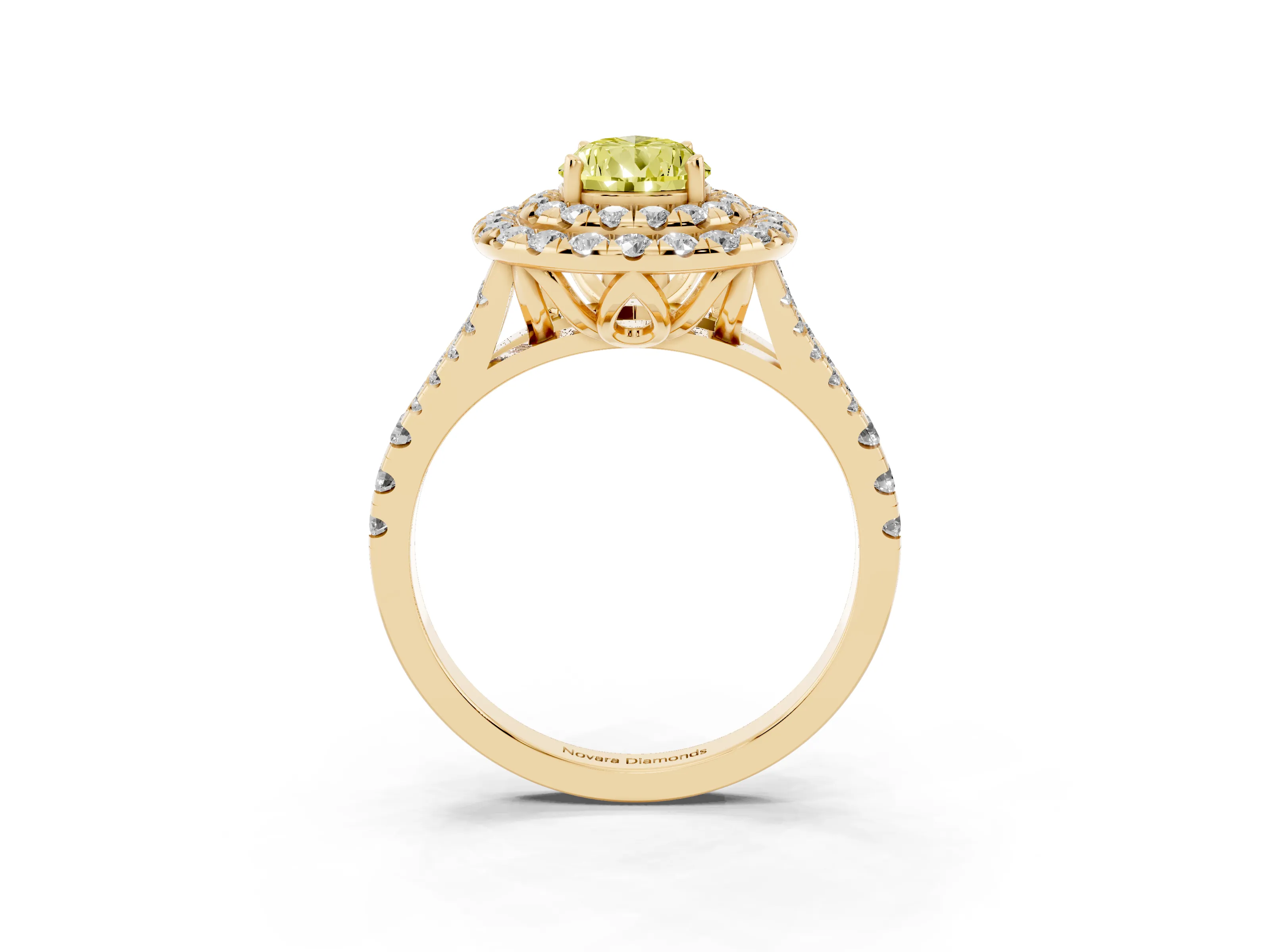 Fancy Yellow Pear Cut Diamond Double Halo Ring Set in Yellow gold with Pavé Split Shank and Prong Setting