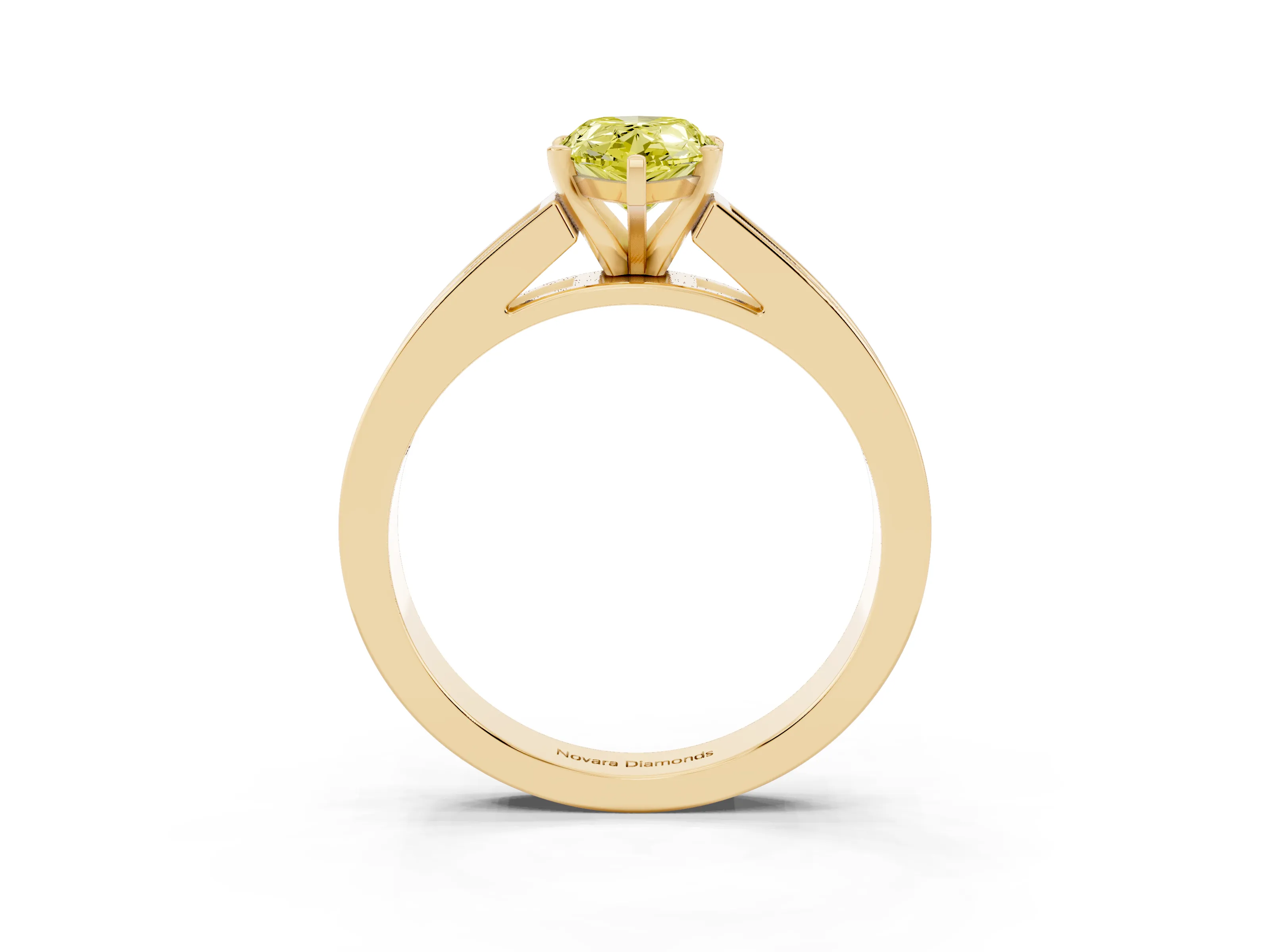 Fancy Yellow Pear Cut Diamond Solitaire Ring Set in Yellow gold with Channel-Set Band and Prong Setting