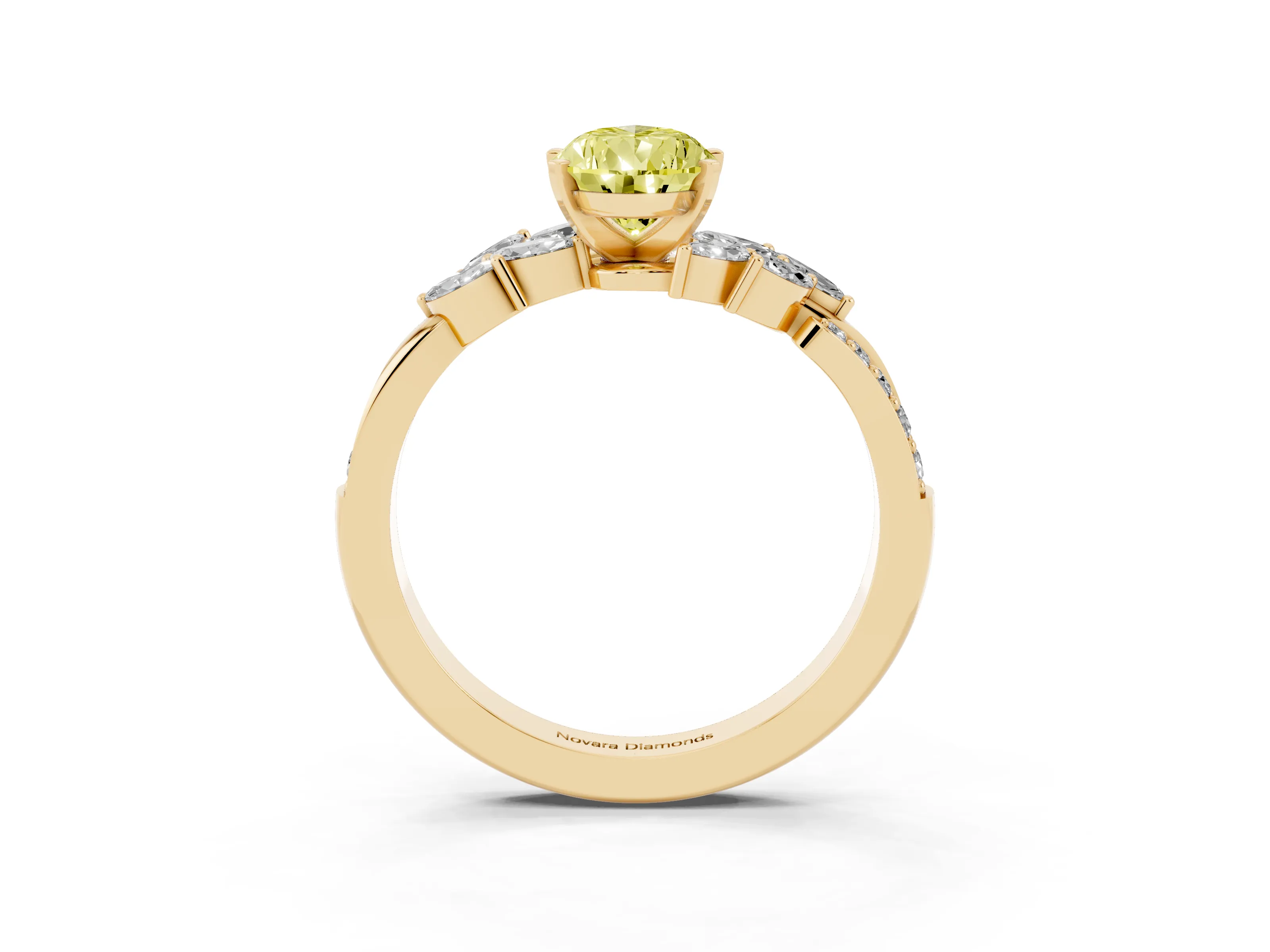 Fancy Yellow Pear Cut Diamond Solitaire Ring Set in Yellow gold with Marquise Twist Band and Prong Setting
