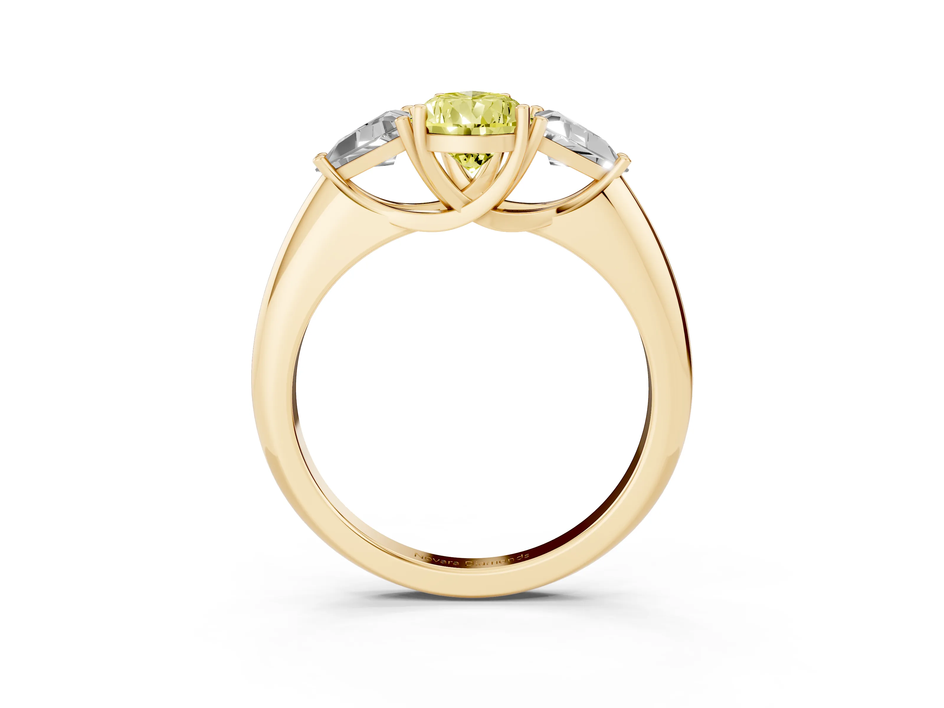 Fancy Yellow Pear Cut Diamond Three-Stone Engagement Ring Set in Yellow gold with Trillion Side Stones