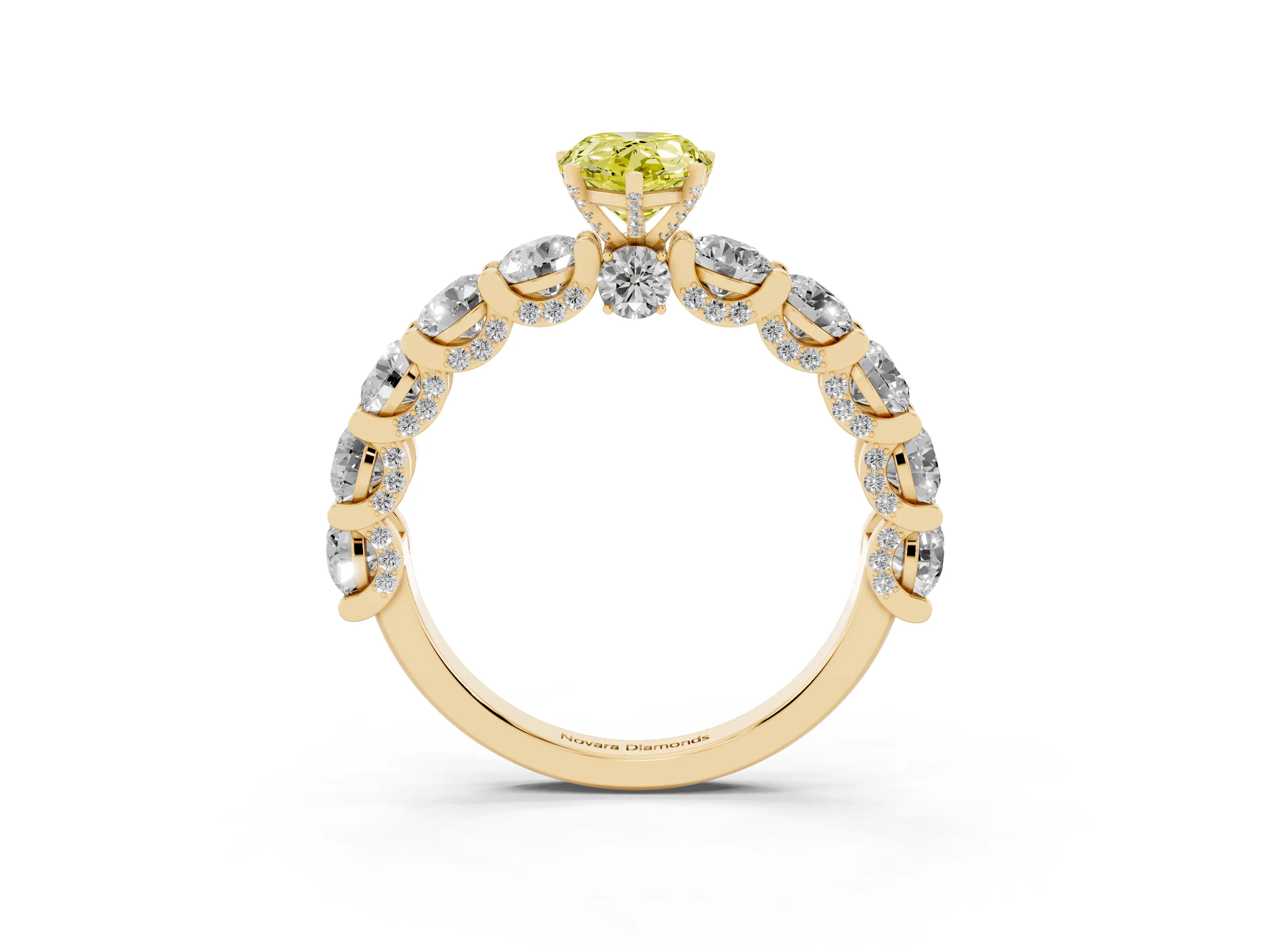 Fancy Yellow Pear Cut Diamond Side Stone Ring Set in Yellow gold with Alternating Round and Oval Side Stones