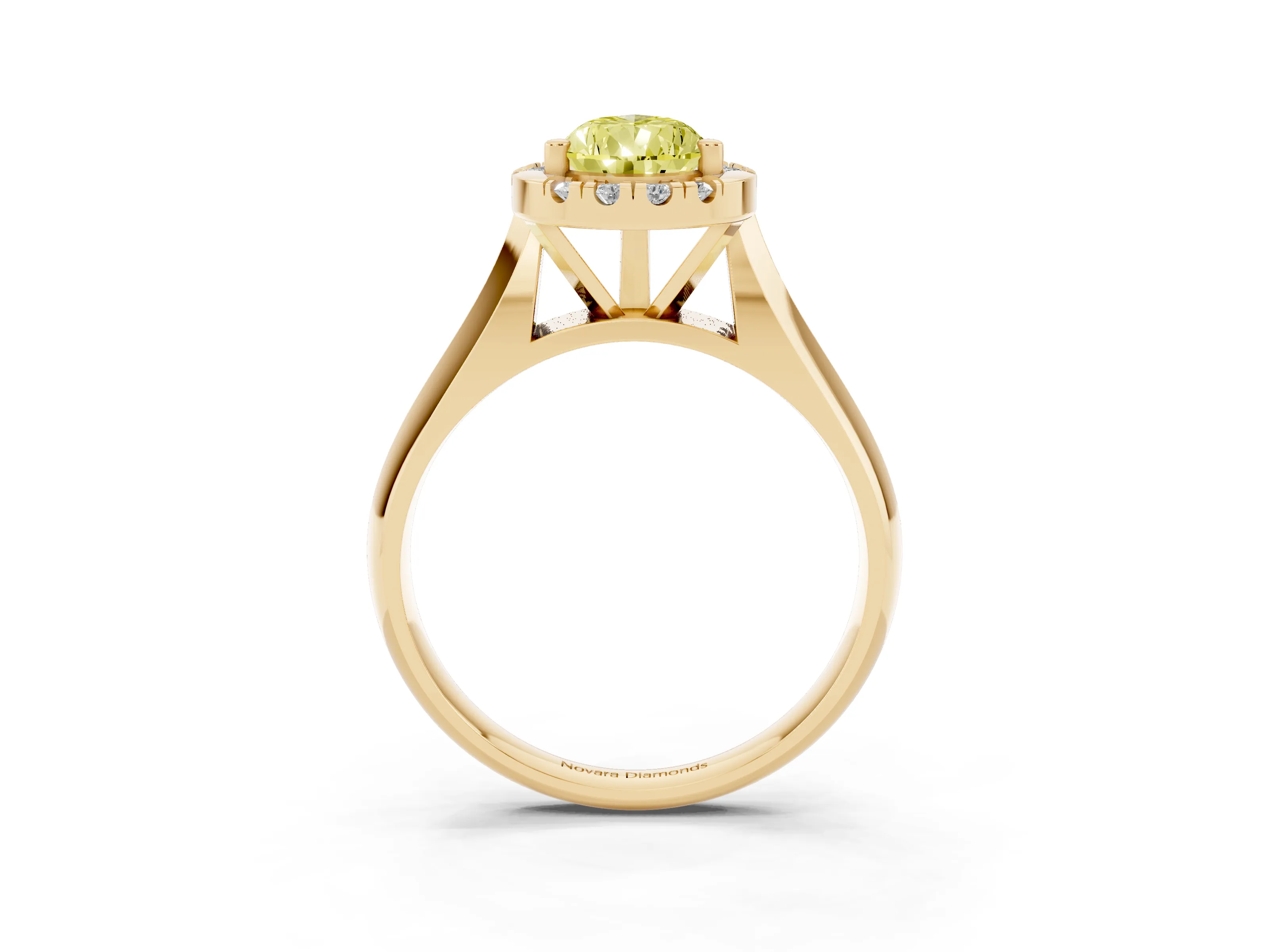 Fancy Yellow Pear Cut Diamond Halo Solitaire Engagement Ring Set in Yellow gold with Square Band and Prong Setting
