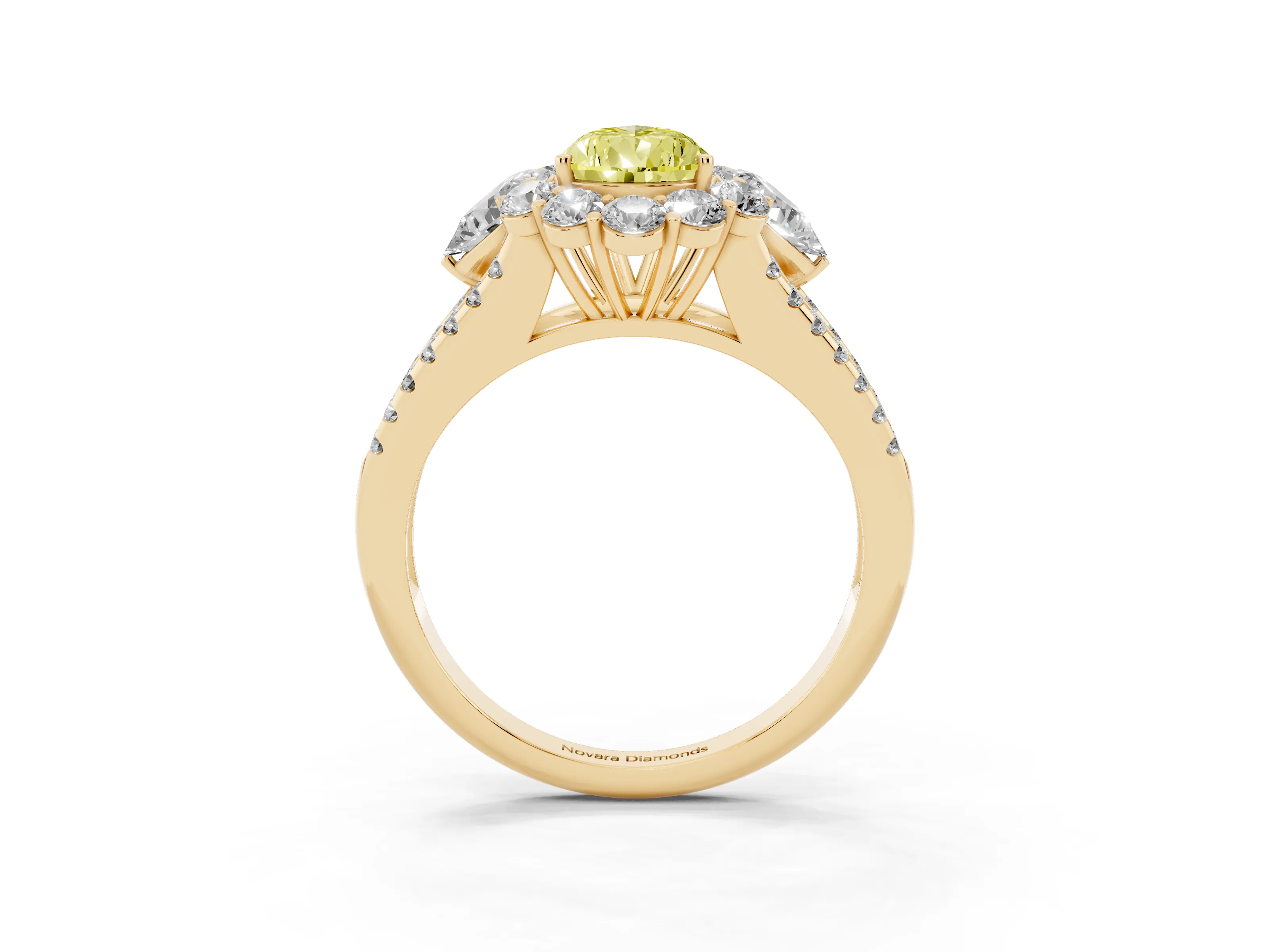 Fancy Yellow Pear Cut Diamond Halo Split Shank Engagement Ring Set in Yellow gold with Prong-Held Center Stone