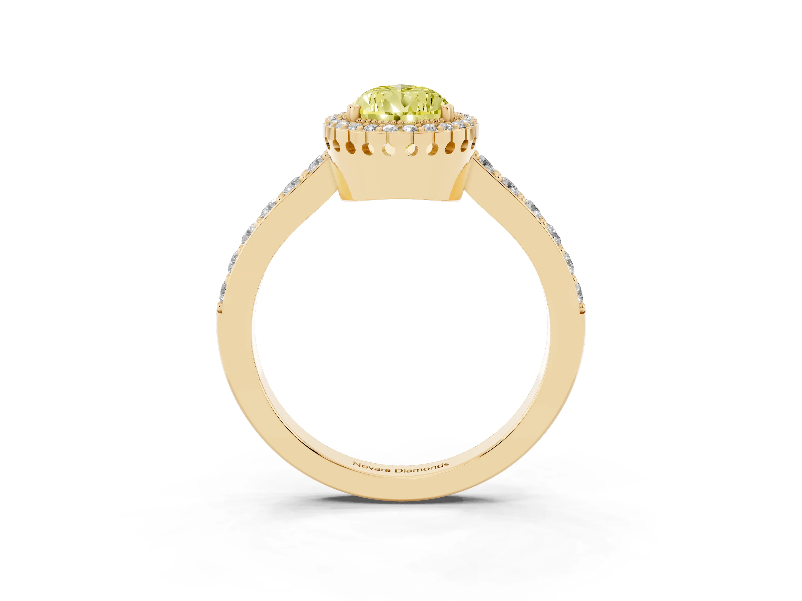 Fancy Yellow Pear Cut Diamond Halo Engagement Ring Set in Yellow gold with Milgrain Detail and Pavé Band