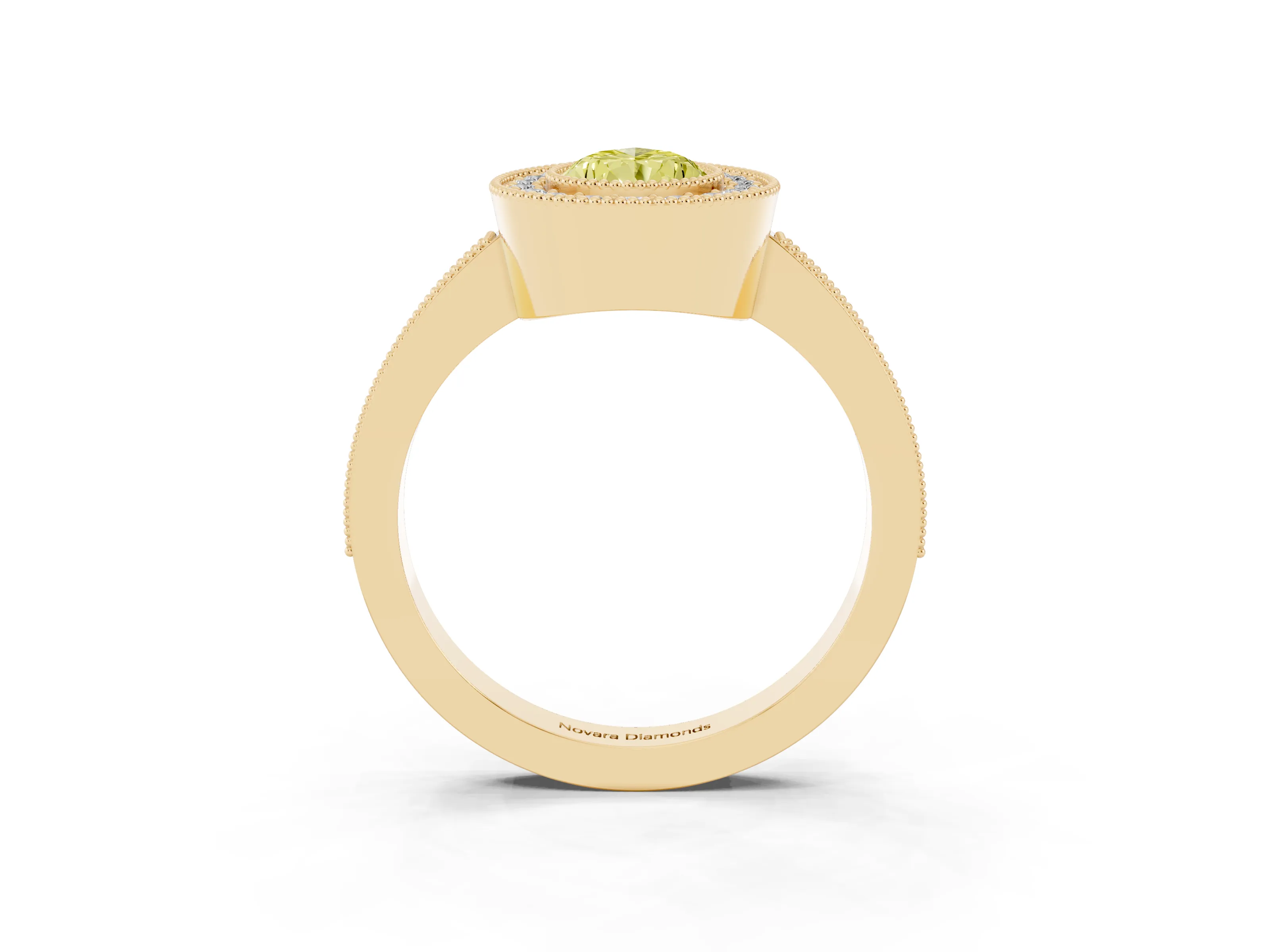 Fancy Yellow Pear Cut Diamond Halo Engagement Ring Set in Yellow gold with Pavé Band and Round Halo Stones