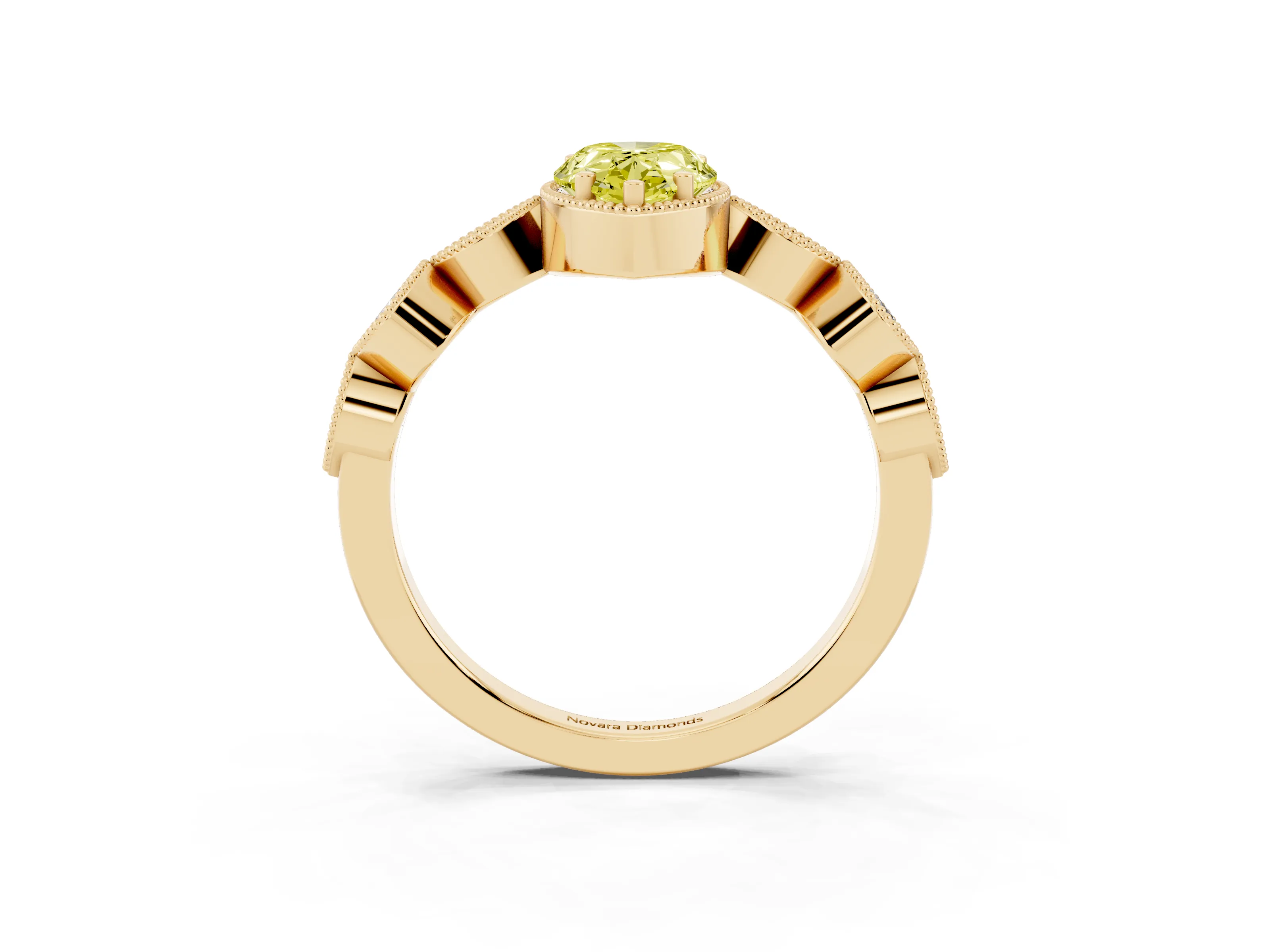 Fancy Yellow Pear Cut Diamond Vintage-Inspired Milgrain Ring Set in Yellow gold with Marquise Stations of Round Accents
