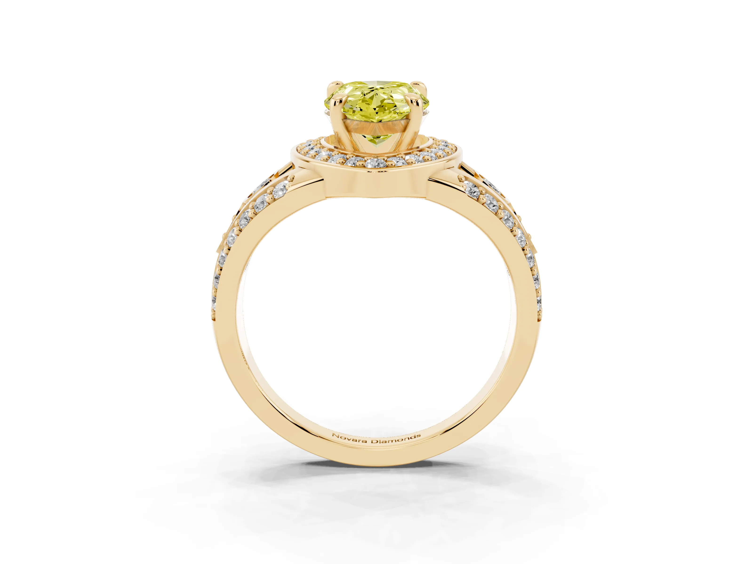 Fancy Yellow Pear Cut Diamond Halo Ring Set in Yellow gold with Pavé Split Shank and Bezel Accents