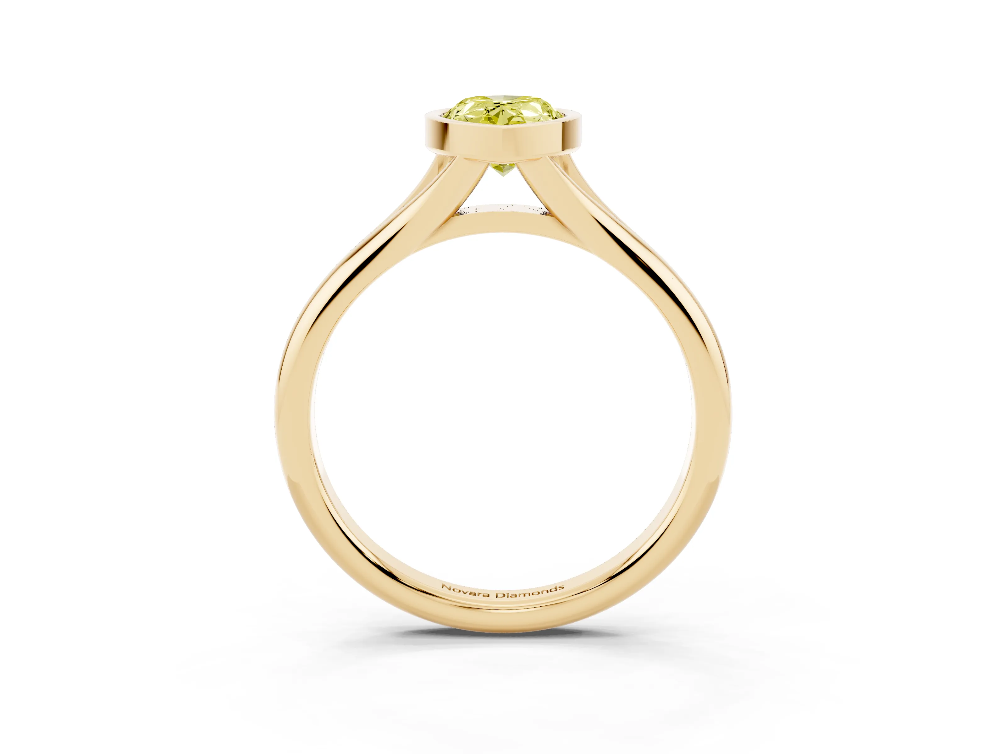 Fancy Yellow Bezel Set Pear Cut Diamond Solitaire Ring Set in Yellow gold with Smooth Band