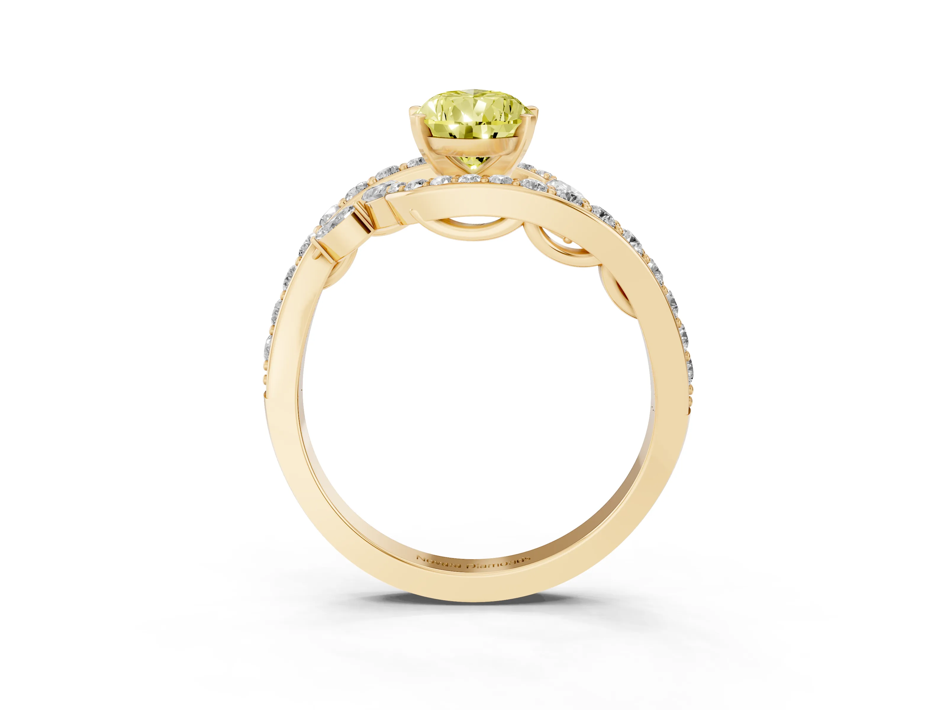 Fancy Yellow Pear Cut Diamond Solitaire Ring Set in Yellow gold with Pavé Twist Band and Secure Prong Setting