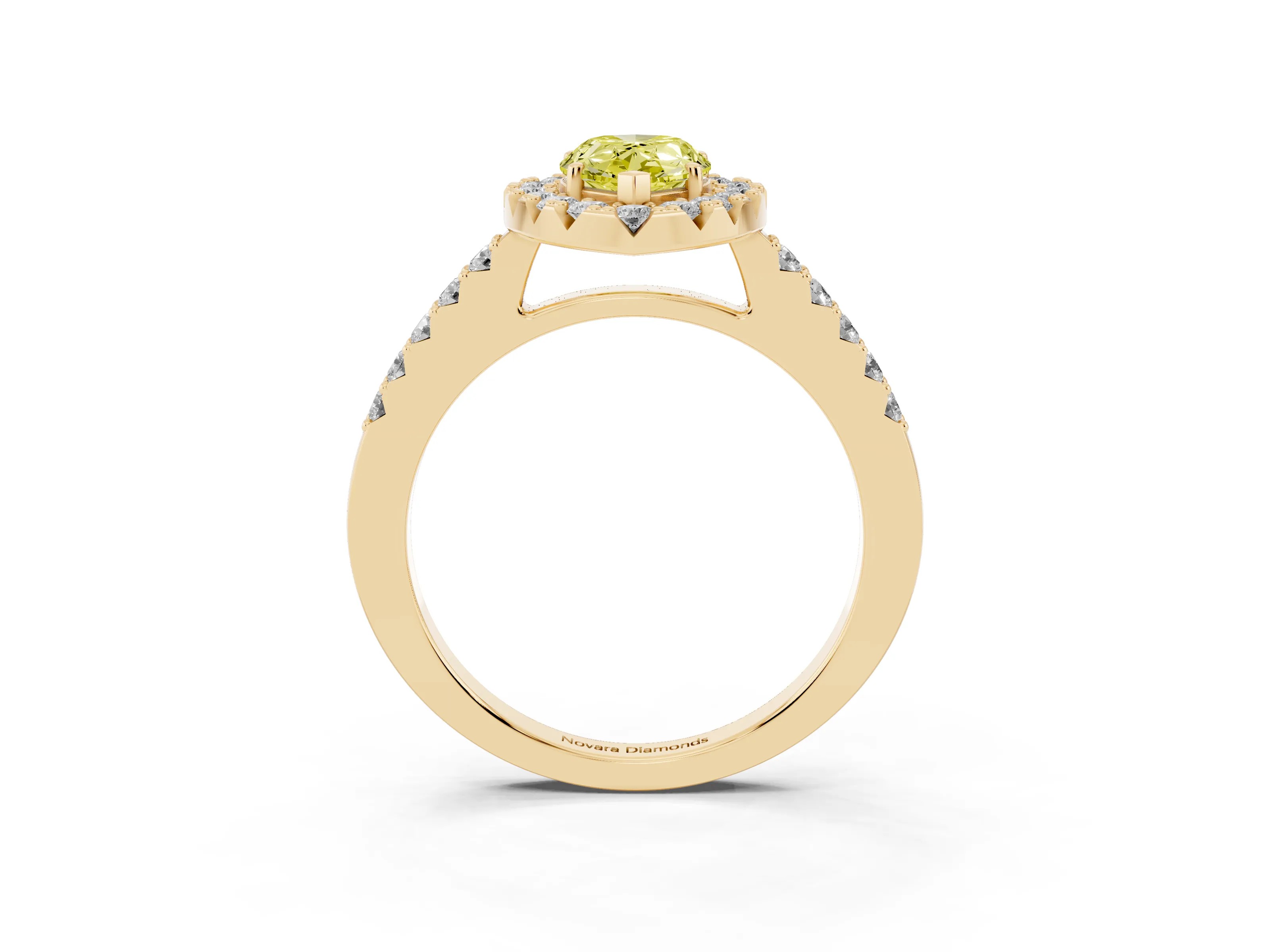 Fancy Yellow Pear Cut Diamond Halo Pavé Solitaire Ring Set in Yellow gold with Prong-Set Center Stone