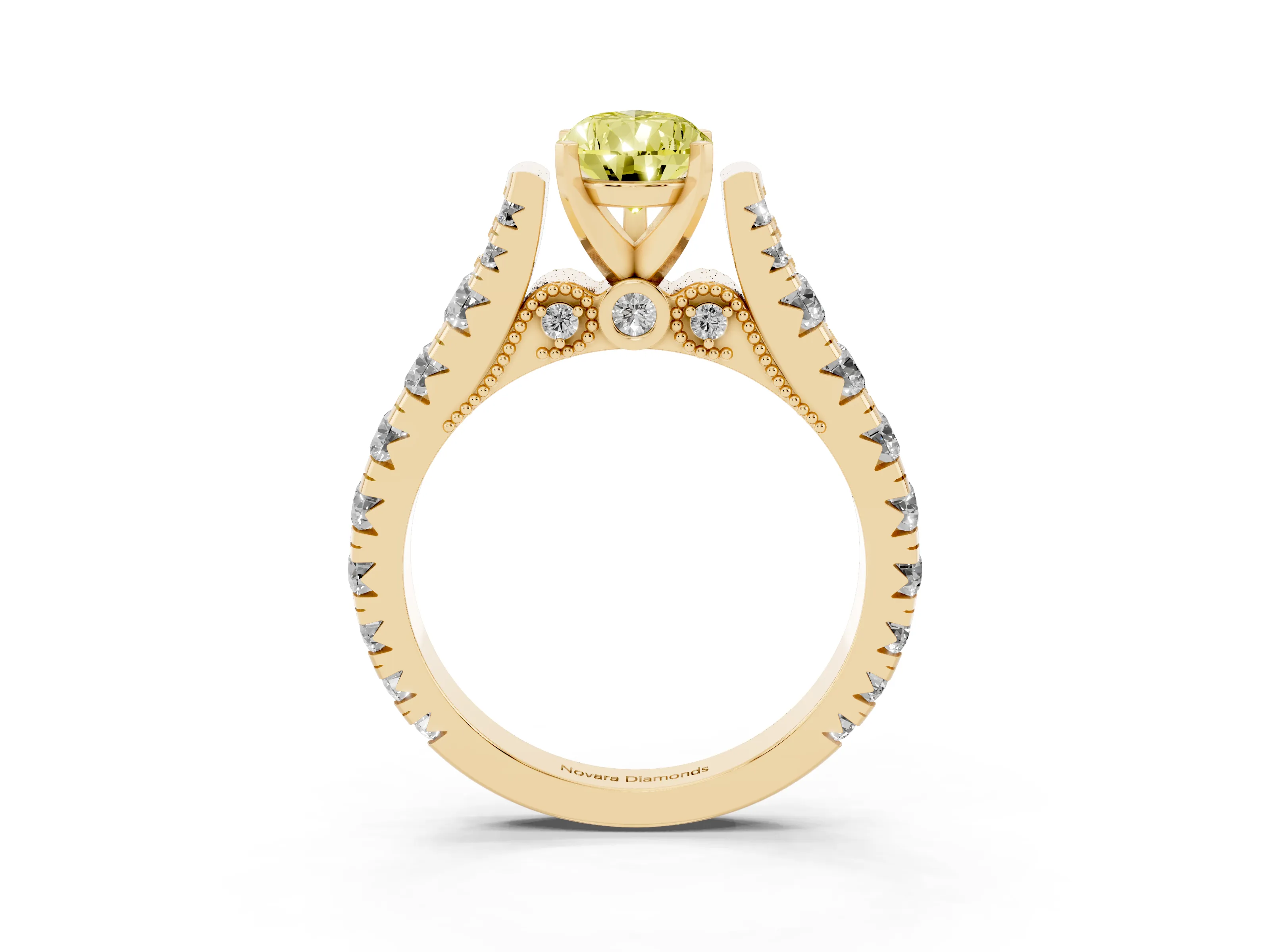 Fancy Yellow Pear Cut Diamond Classic Solitaire Ring Set in Yellow gold with Pavé Band and Prong Setting
