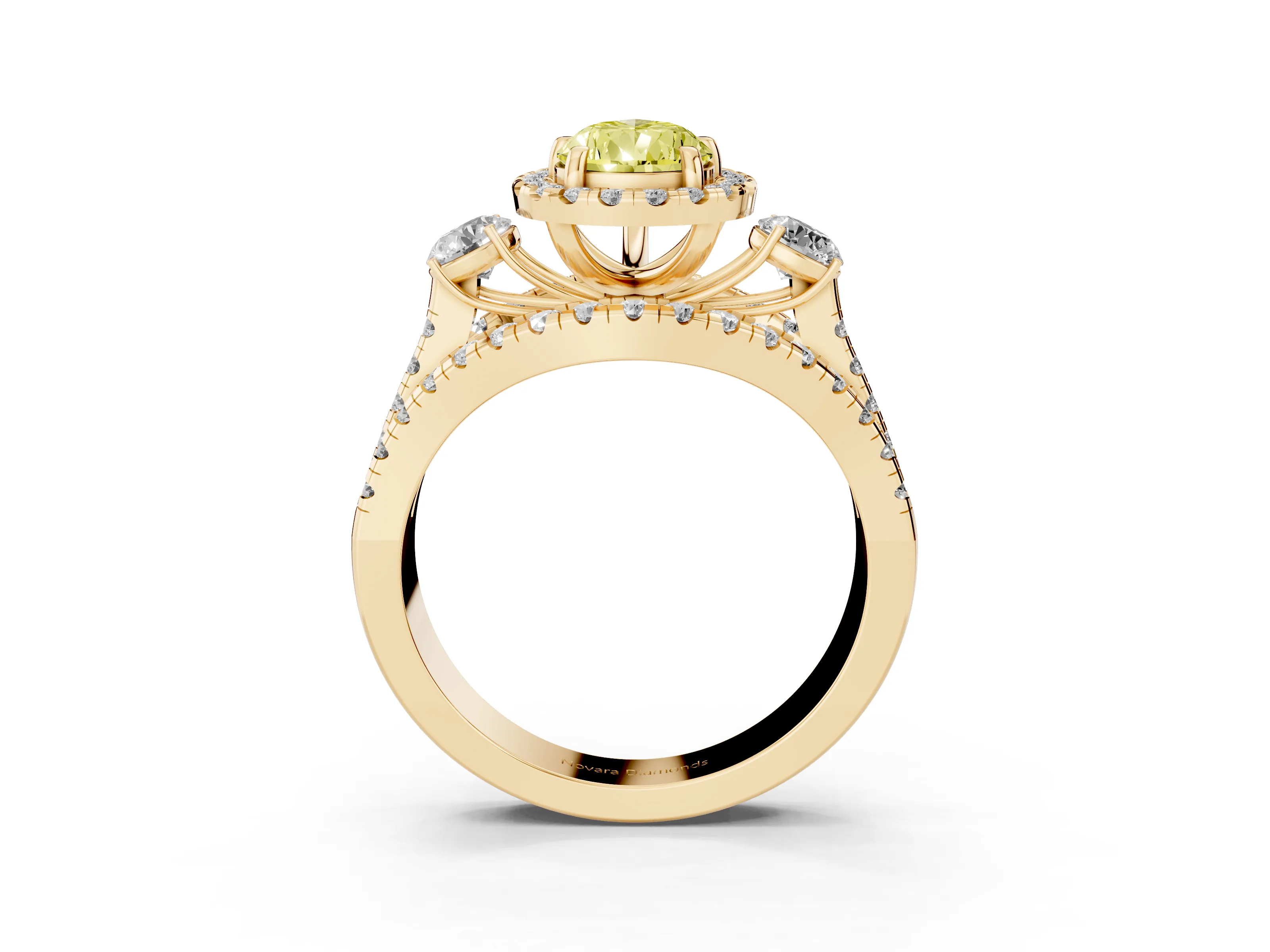 Fancy Yellow Pear Cut Diamond Halo Split Shank Ring Set in Yellow gold with Round Accent Stones and Prong Setting