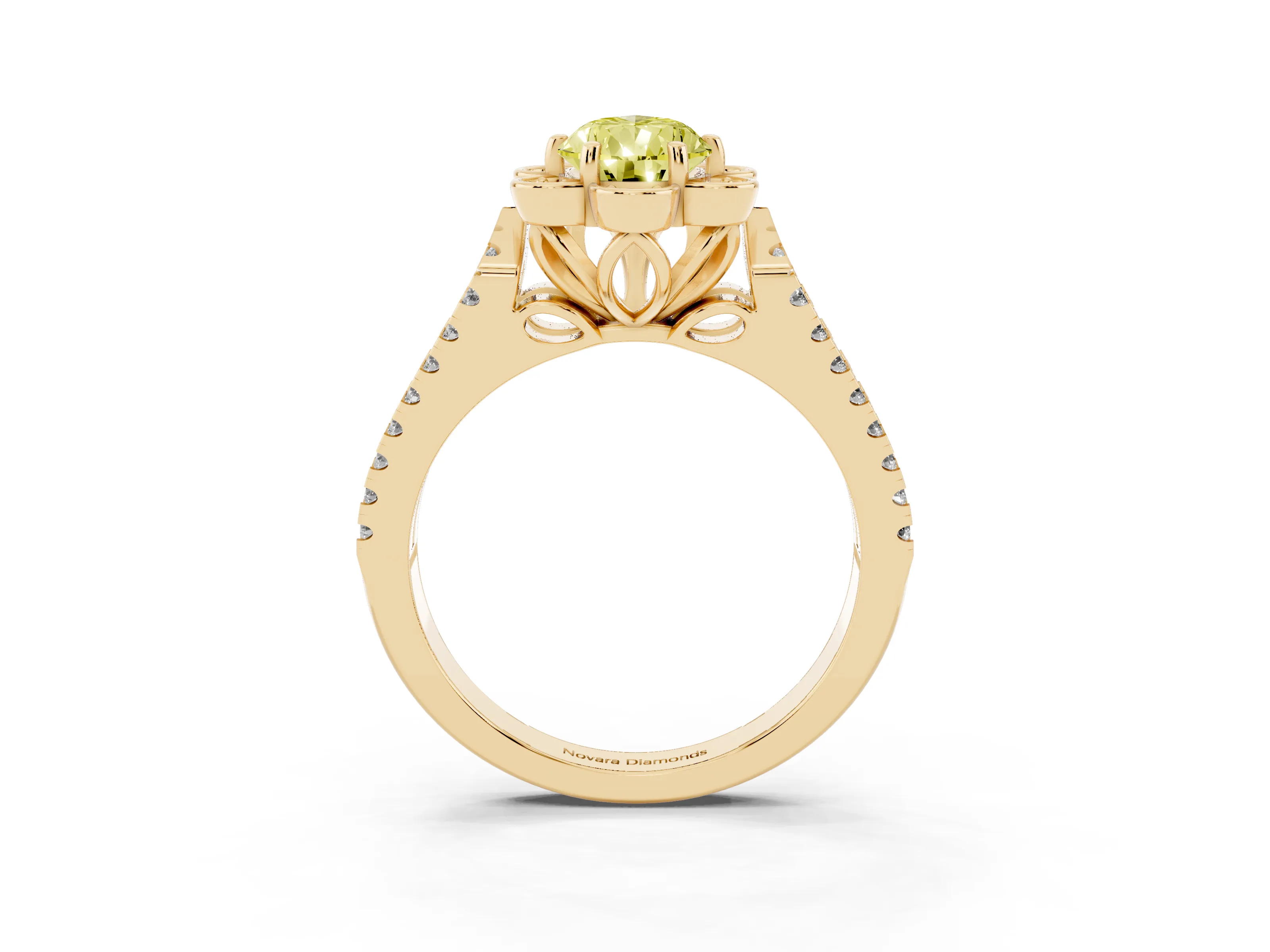 Fancy Yellow Pear Cut Diamond Floral Halo Split Shank Engagement Ring Set in Yellow gold with Pavé Shank