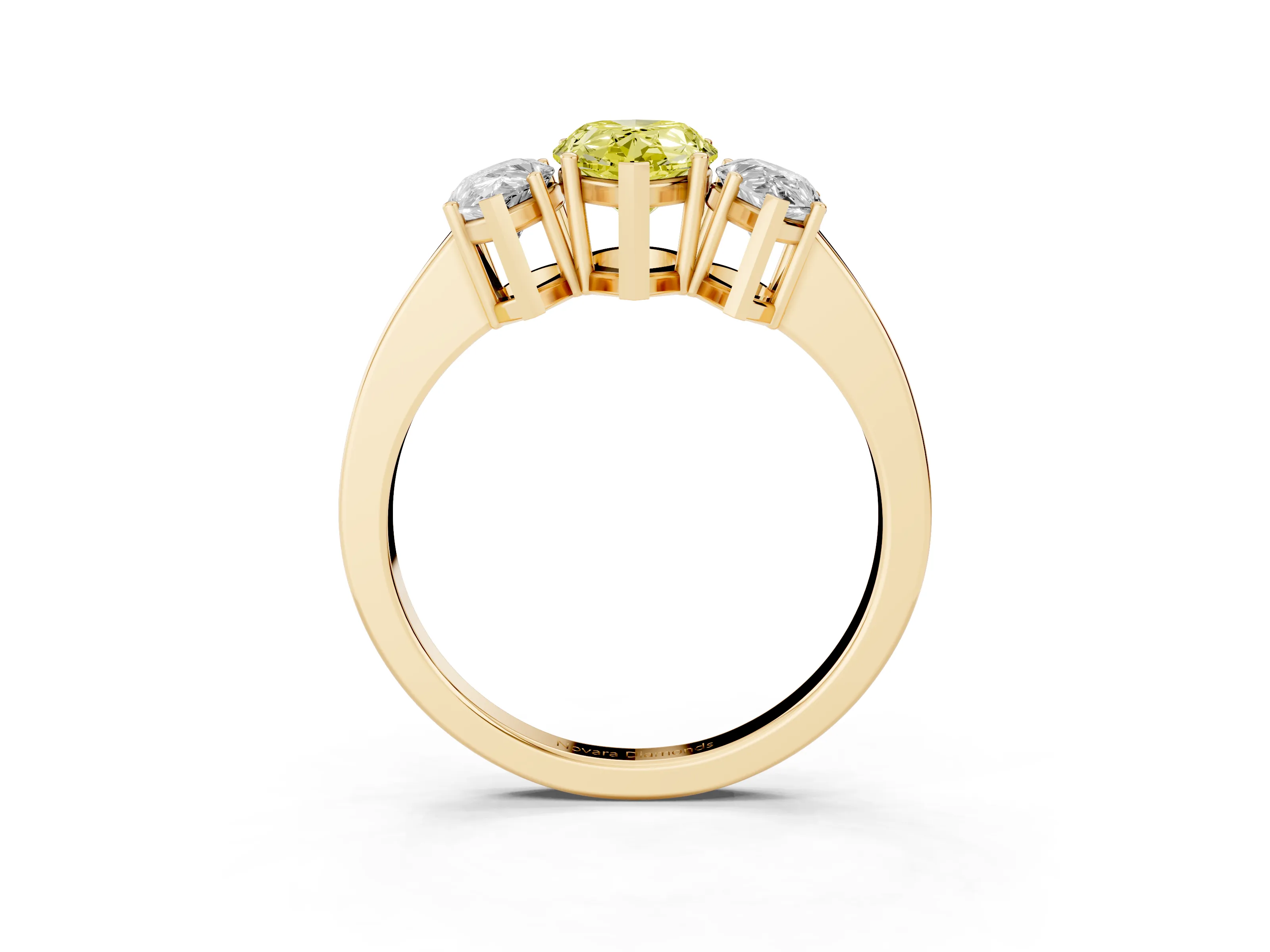 Fancy Yellow Pear Cut Diamond Three-Stone Engagement Ring Set in Yellow gold with Flat Band