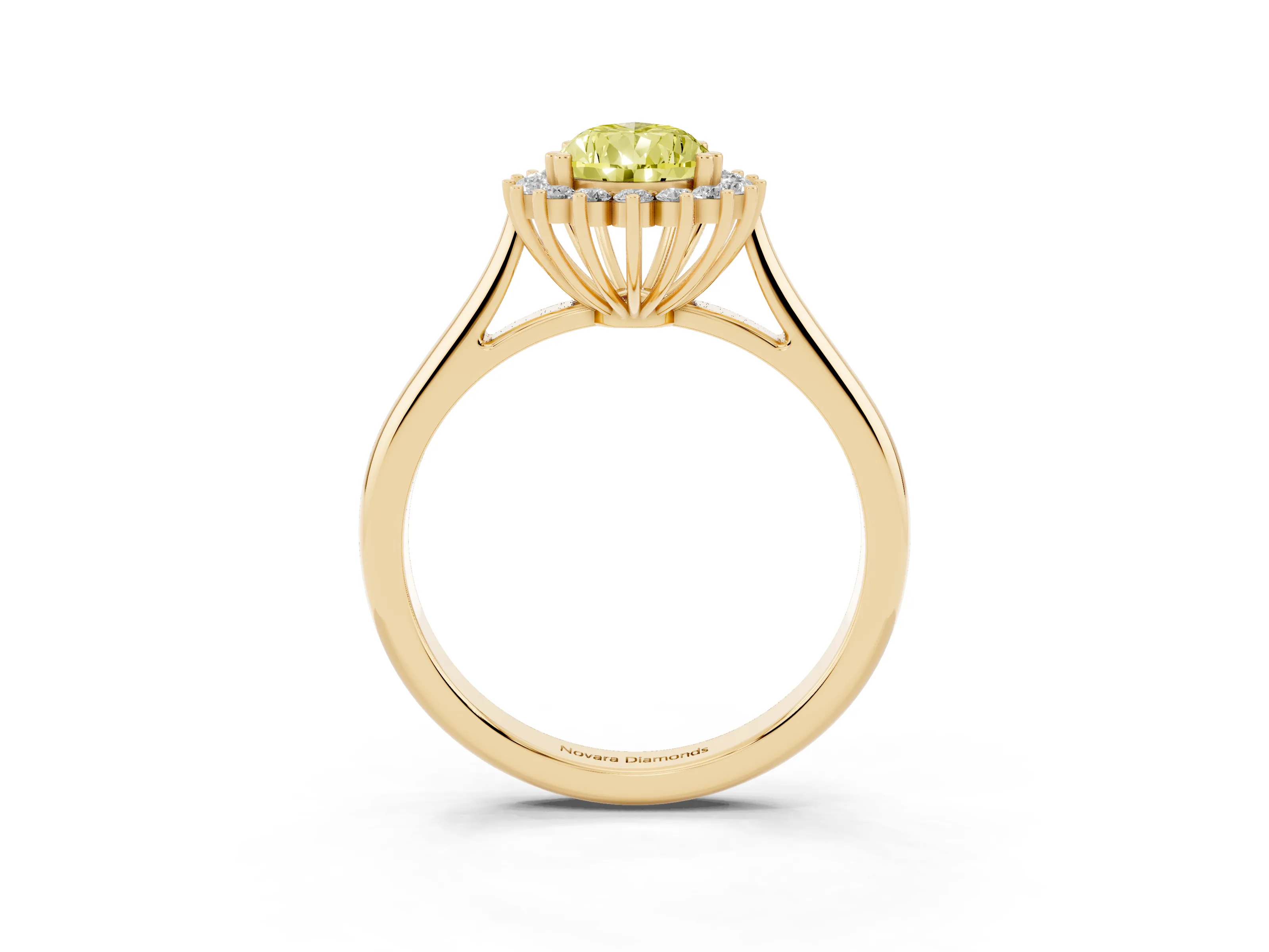 Fancy Yellow Pear Cut Diamond Halo Ring Set in Yellow gold with Plain Solitaire Band and Prong Setting