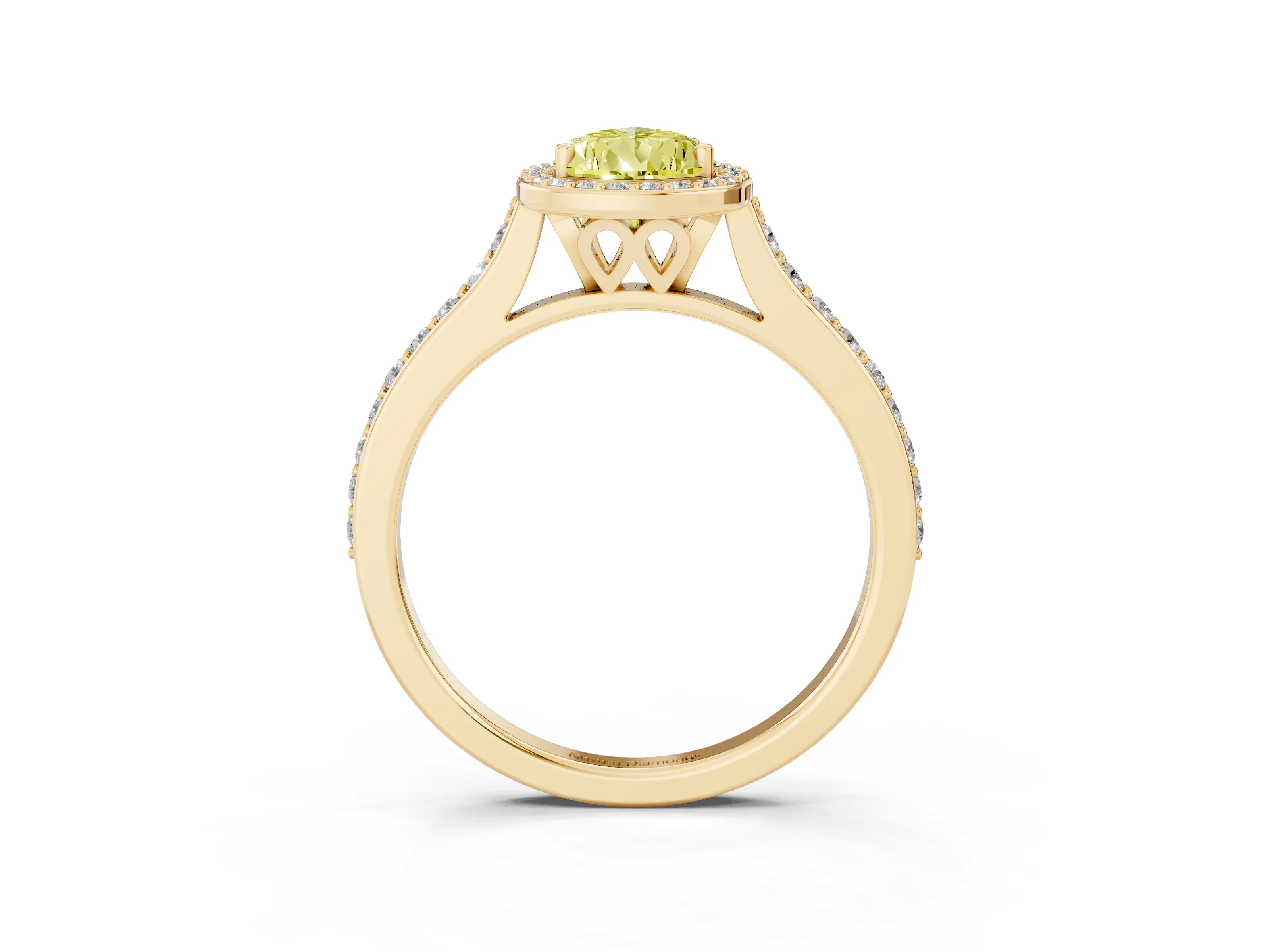 Fancy Yellow Pear Cut Diamond Halo Engagement Ring Set in Yellow gold with Round Pavé Shoulders and Heart Gallery
