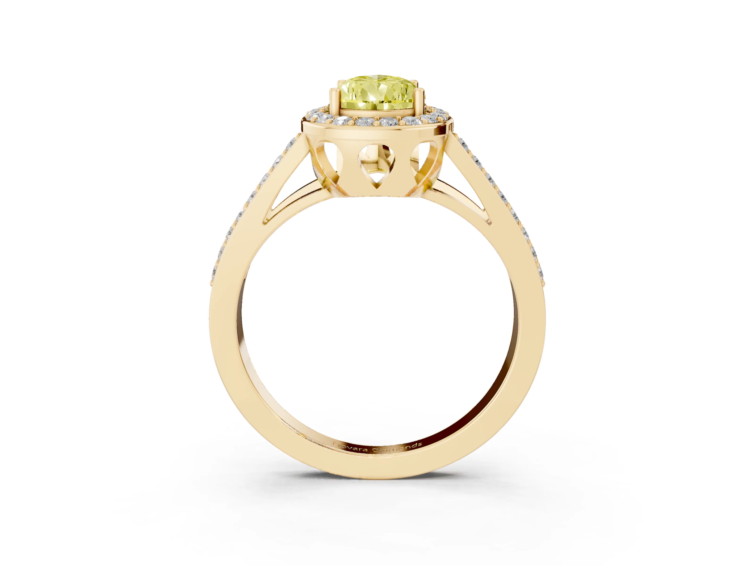 Fancy Yellow Pear Cut Diamond Halo Ring Set in Yellow gold with U-Prong Split Shank and Prong Setting