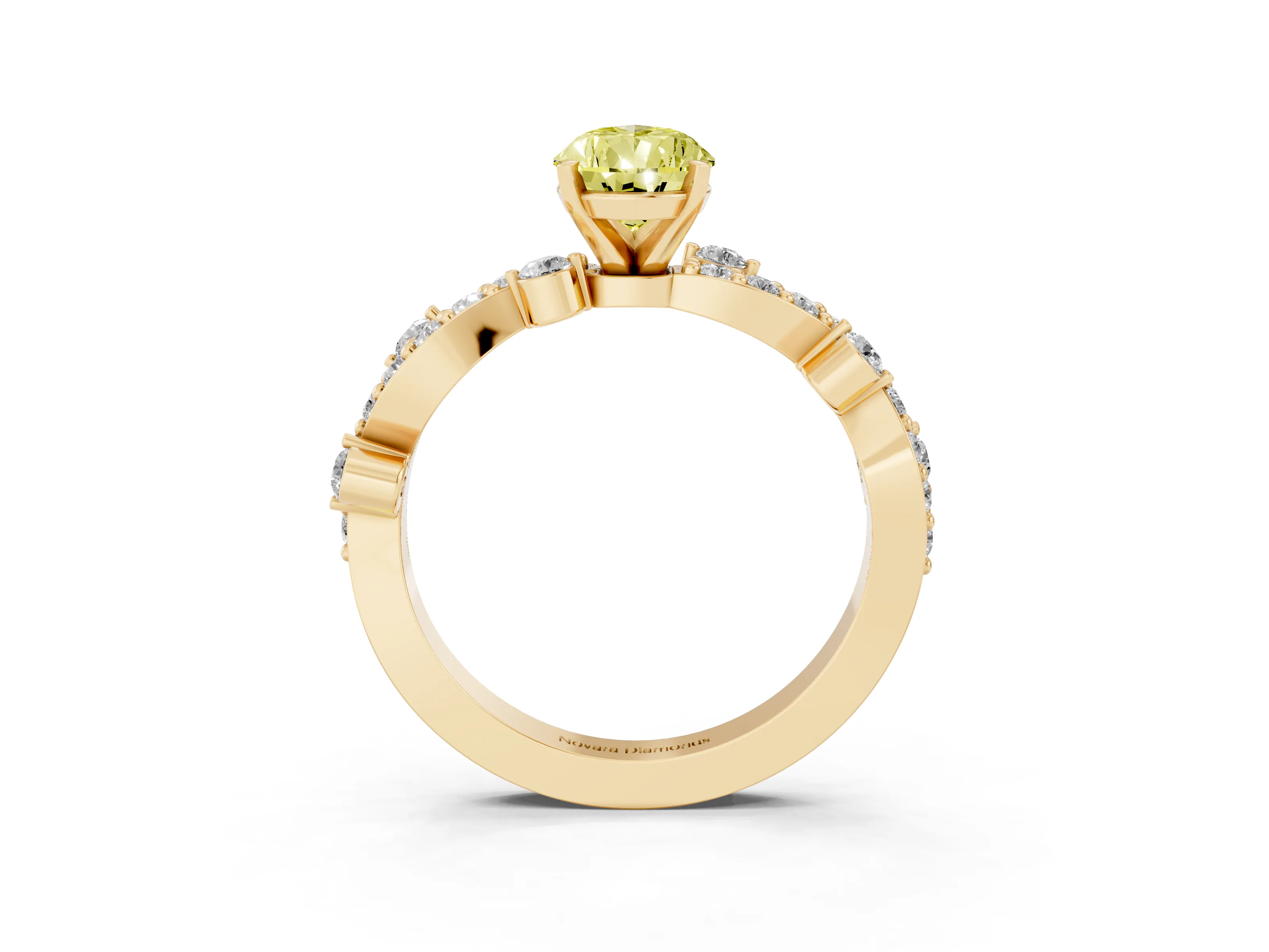 Fancy Yellow Pear Cut Diamond Solitaire Twisted Band Set in Yellow gold with Pavé Setting