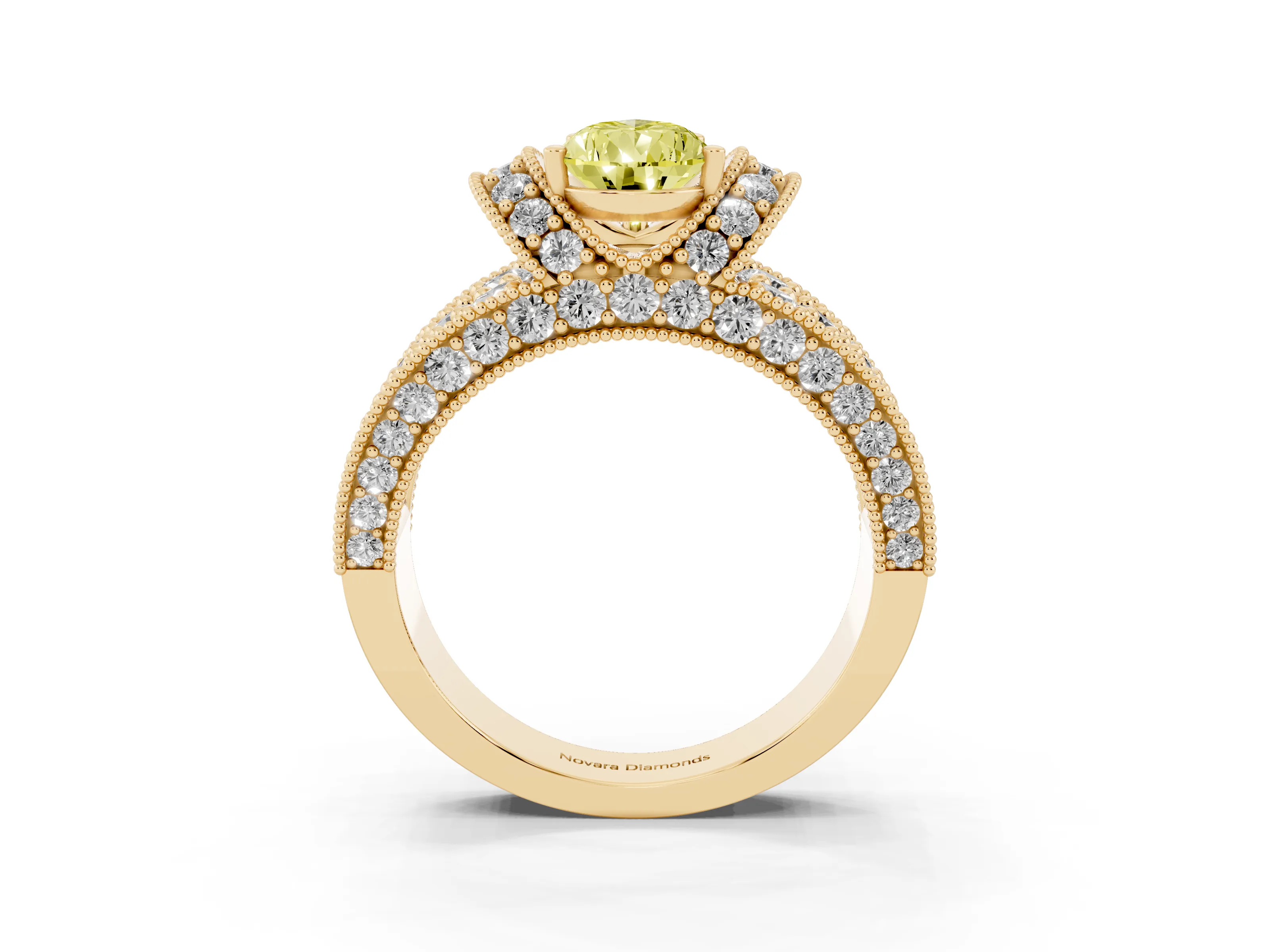Fancy Yellow Pear Cut Diamond Milgrain Halo Pavé Engagement Ring Set in Yellow gold with Prong Setting