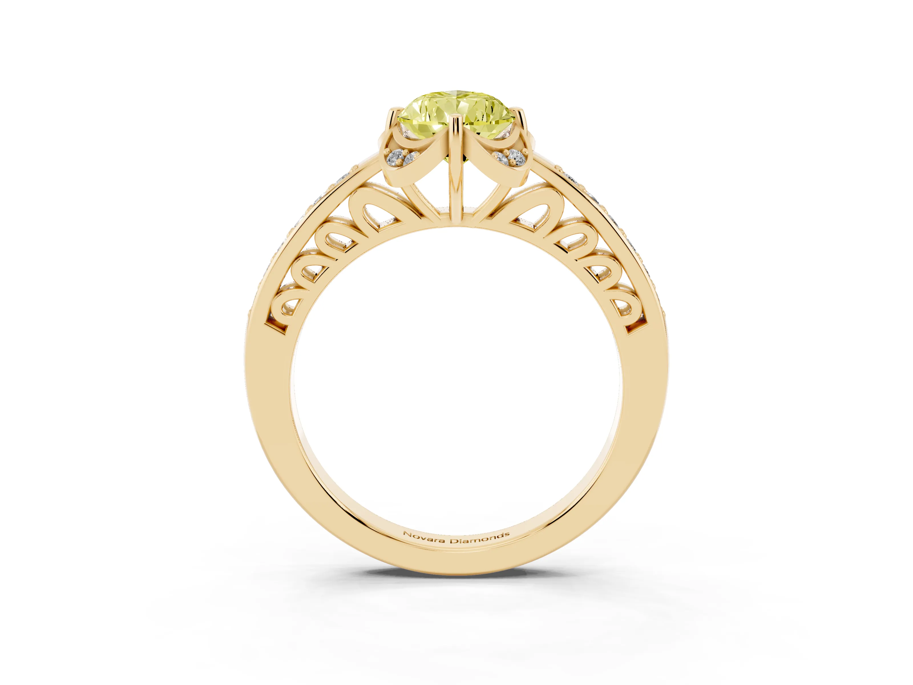 Fancy Yellow Pear Cut Diamond Halo Ring Set in Yellow gold with Channel Set Band and Prong Setting
