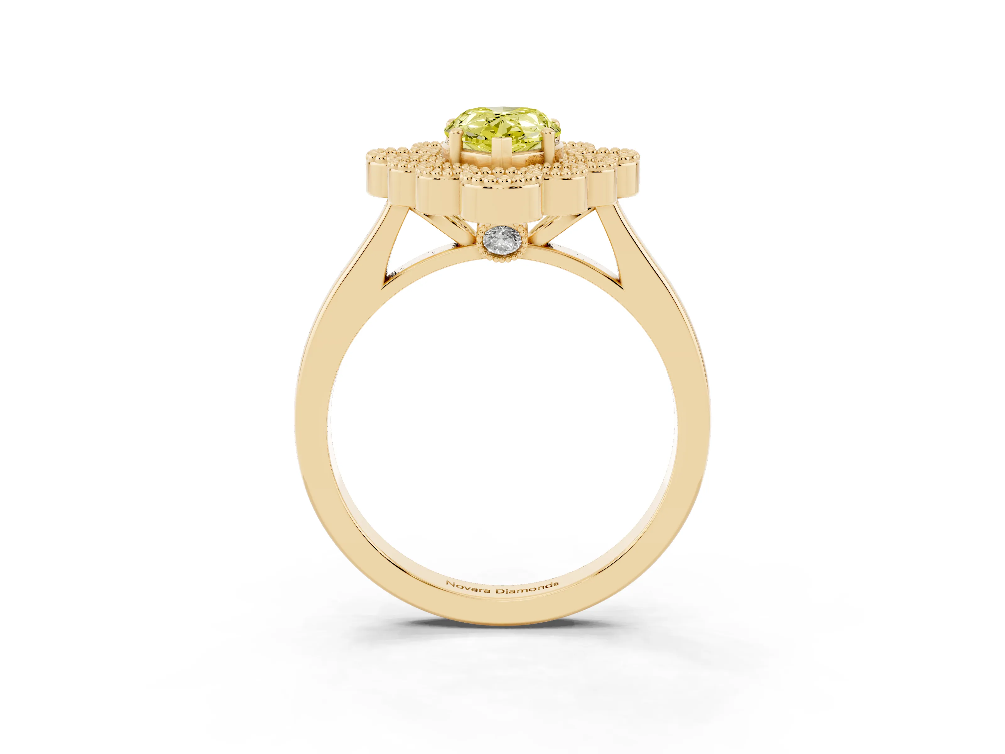 Fancy Yellow Pear Cut Diamond Cluster Halo Ring Set in Yellow gold with Milgrain Bezel Accents and Plain Band