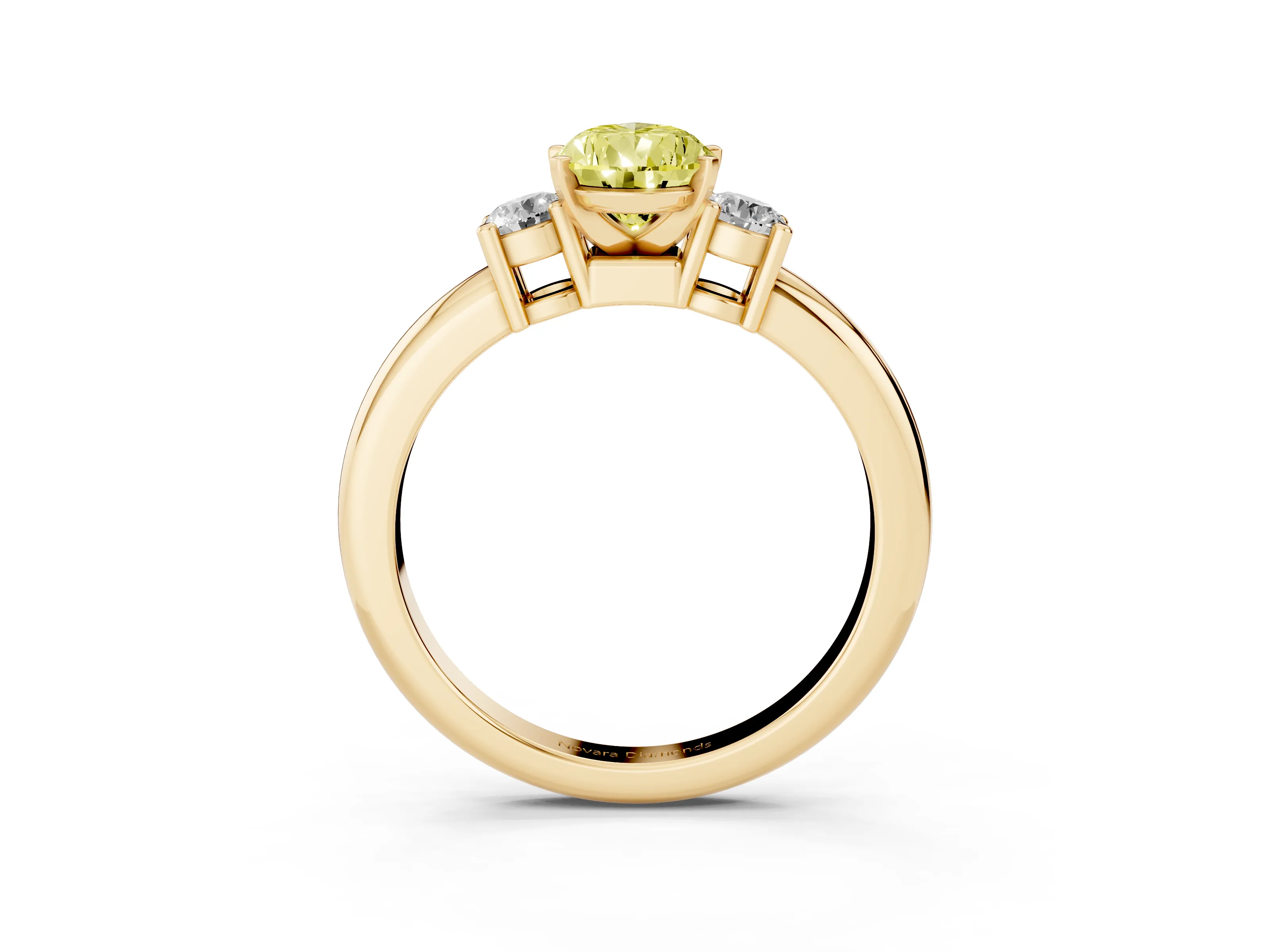 Fancy Yellow Three-Stone Pear Cut Diamond Ring Set in Yellow gold with Prong Setting and Plain Band