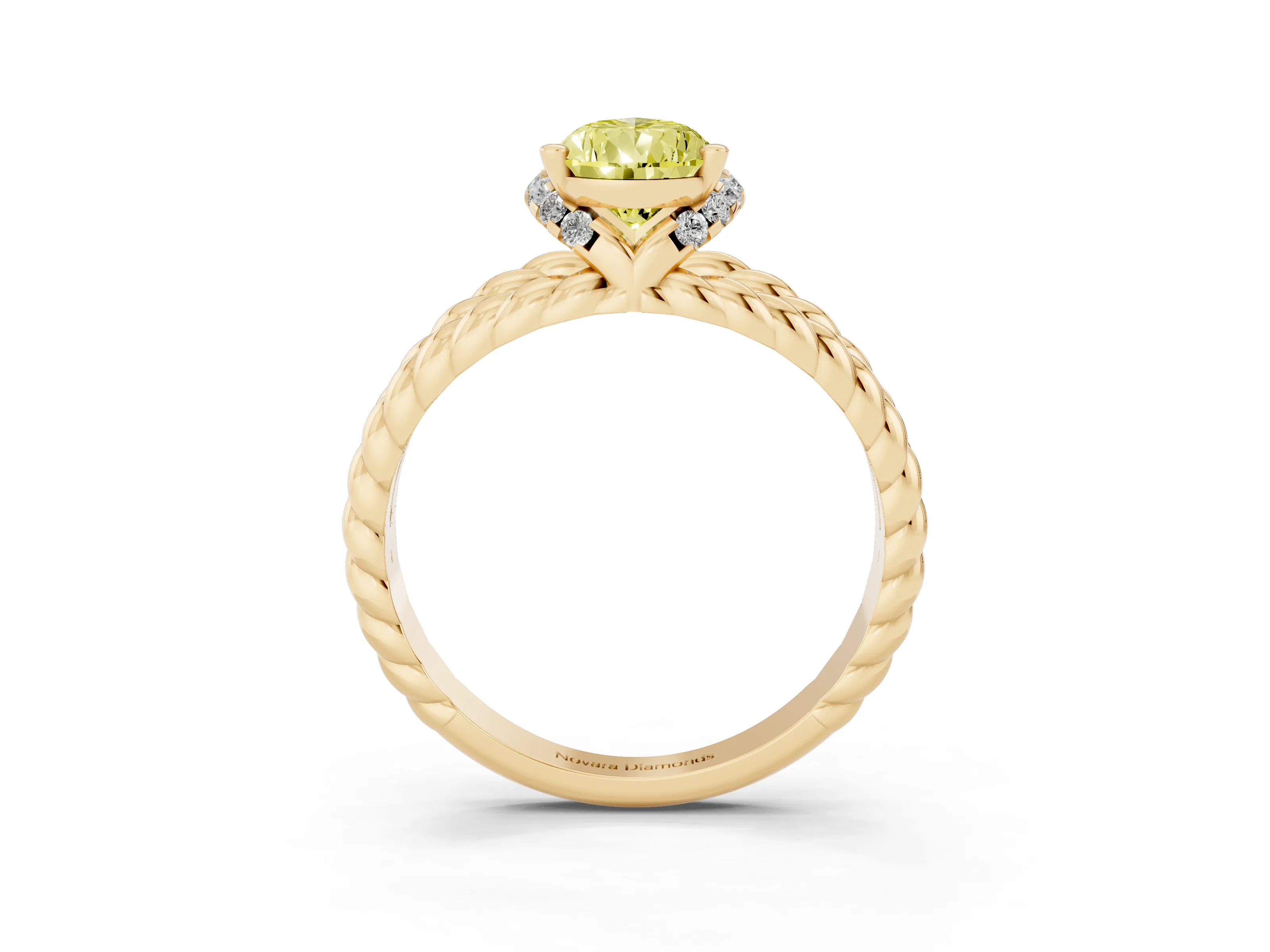 Fancy Yellow Pear Cut Diamond Halo Ring Set in Yellow gold with Twisted Band and Prong Setting