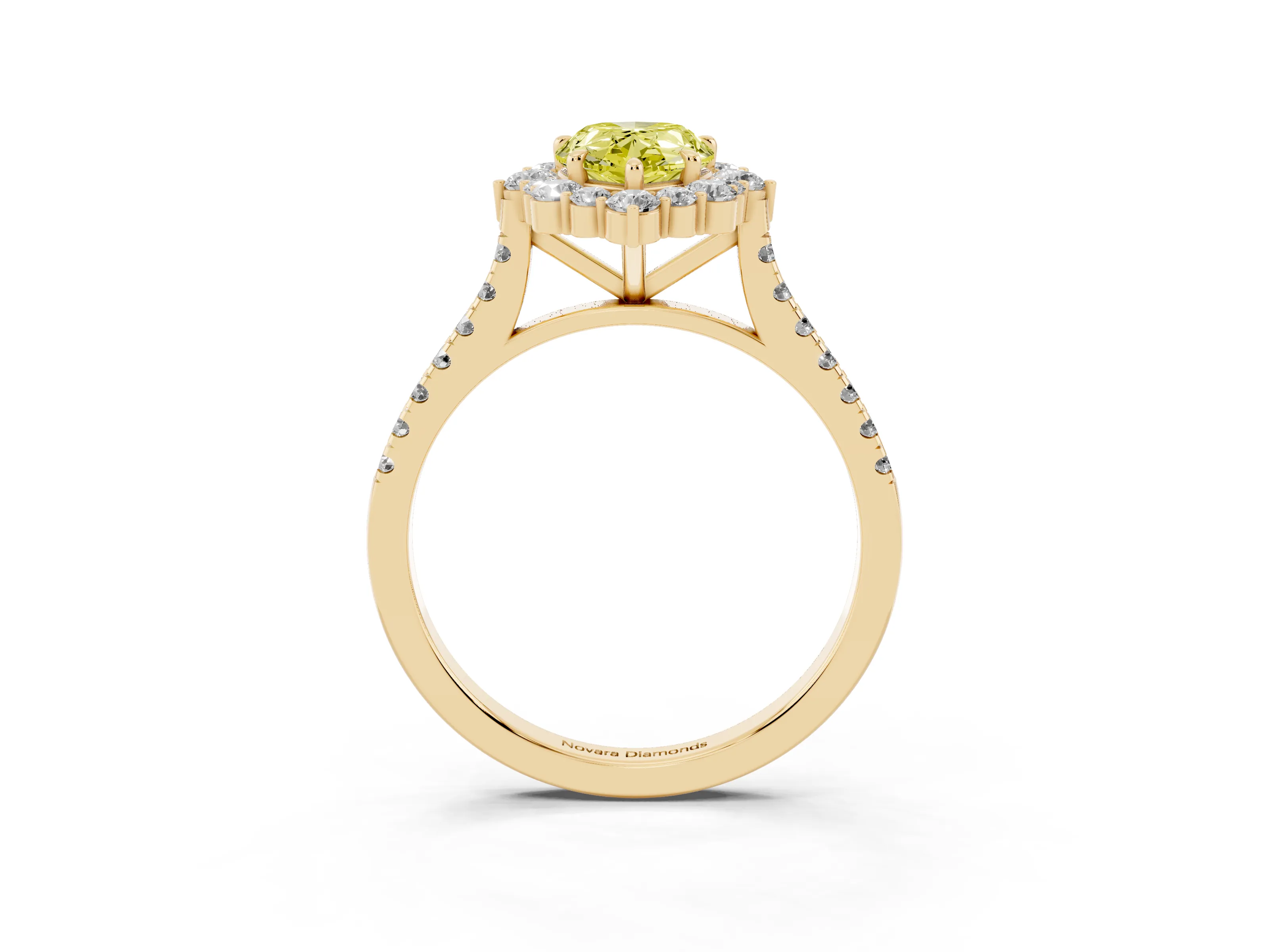 Fancy Yellow Pear Cut Diamond Halo Ring Set in Yellow gold with Pavé Band and Prong Setting