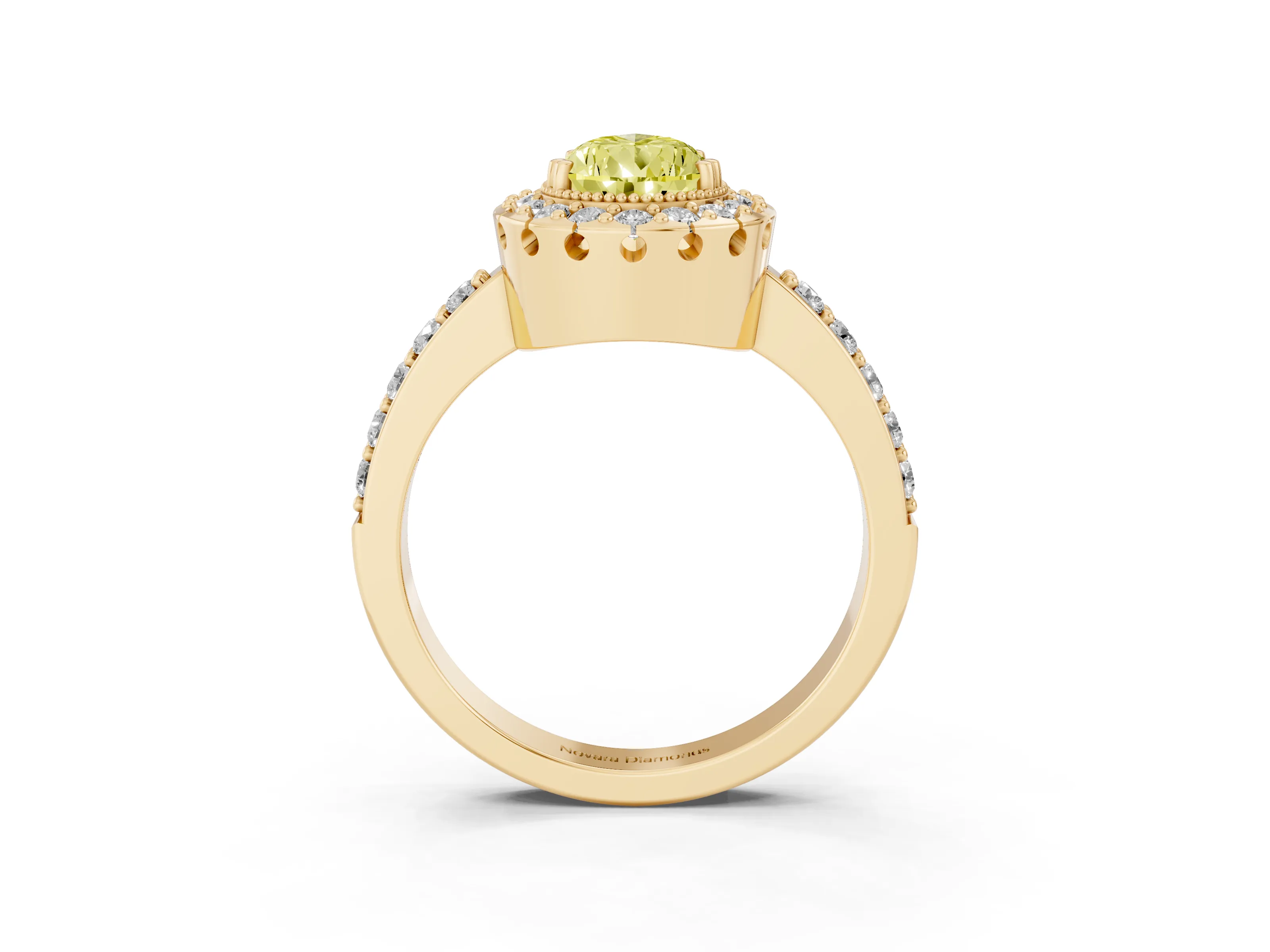 Fancy Yellow Pear Cut Diamond Halo Ring Set in Yellow gold with Pavé Shank and Prong Setting