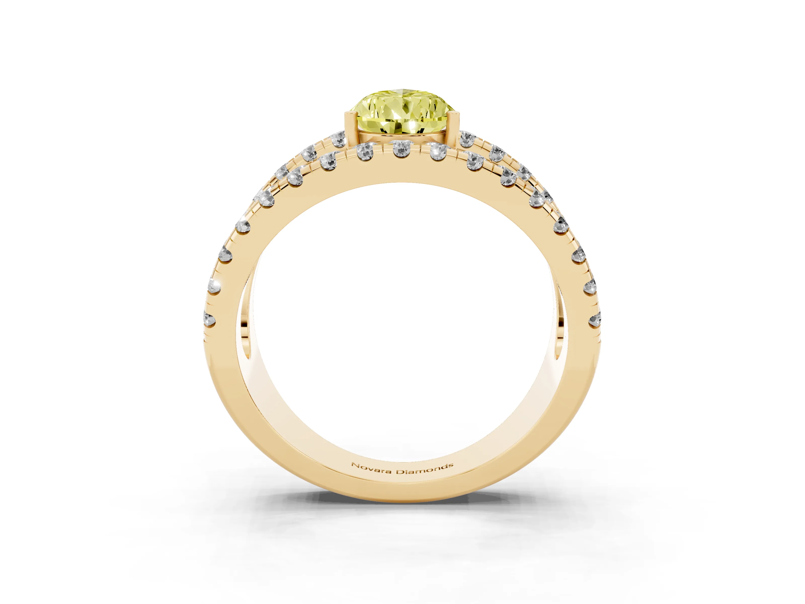 Fancy Yellow Pear Cut Diamond Split Shank Pavé Solitaire Ring Set in Yellow gold with Open Shank Design