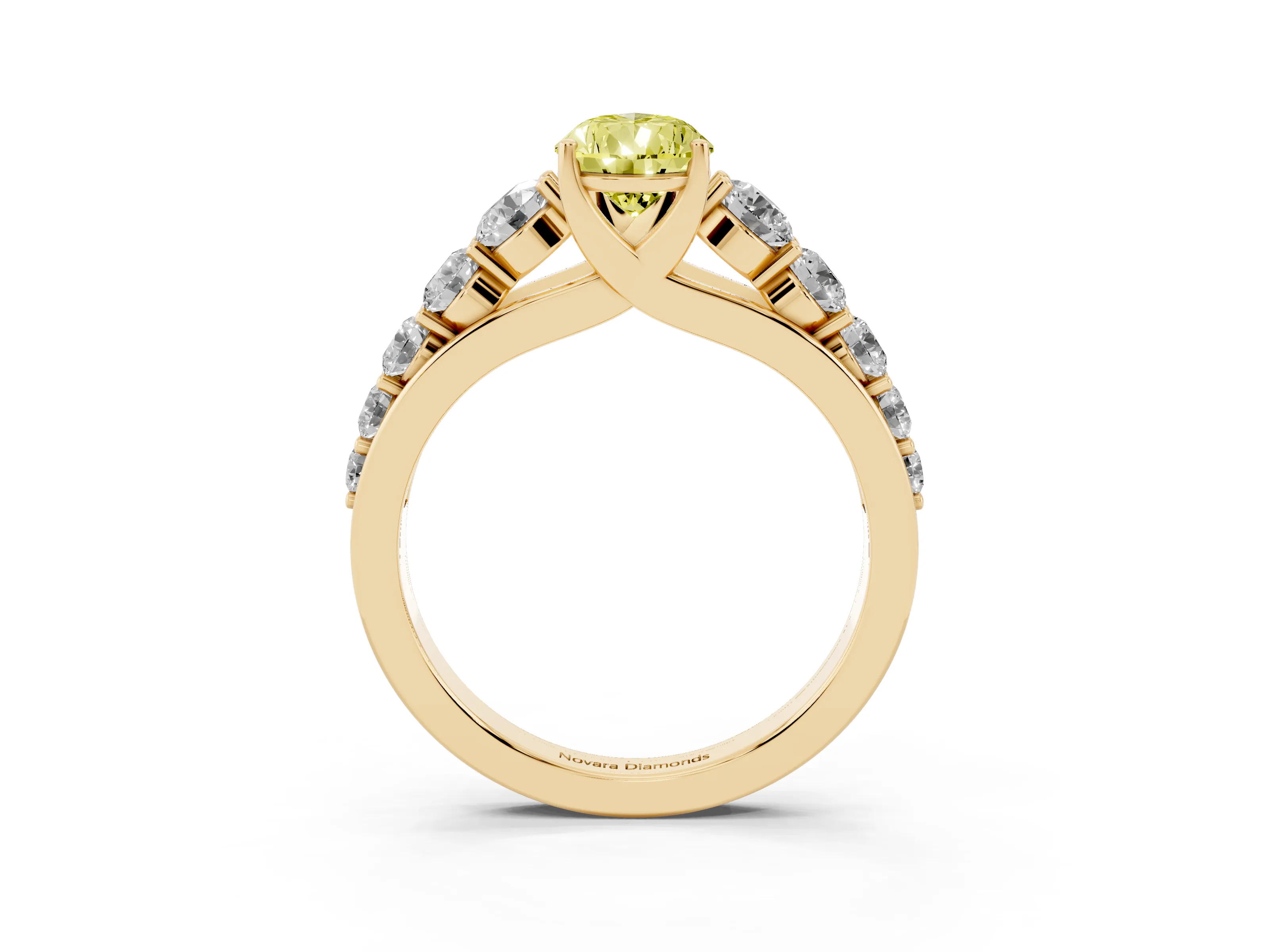 Fancy Yellow Pear Cut Diamond Solitaire Ring Set in Yellow gold with Pavé-Set Band and Prong Setting