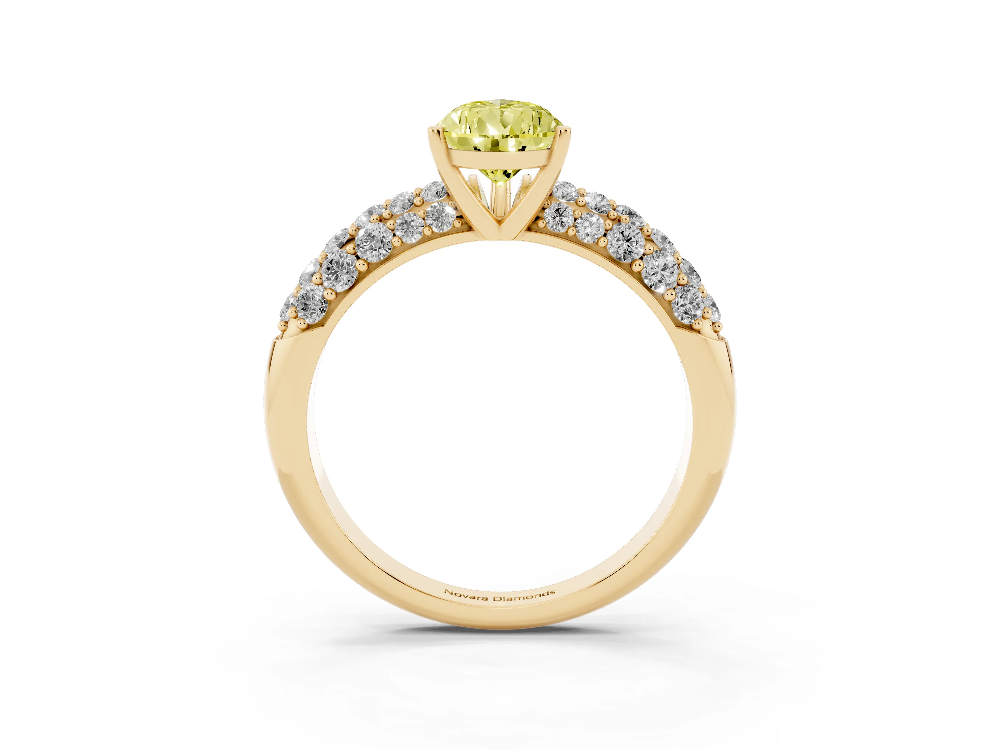 Fancy Yellow Pear Cut Diamond Pavé Band Solitaire Ring Set in Yellow gold with Close-Set Accent Stones and Prong Setting