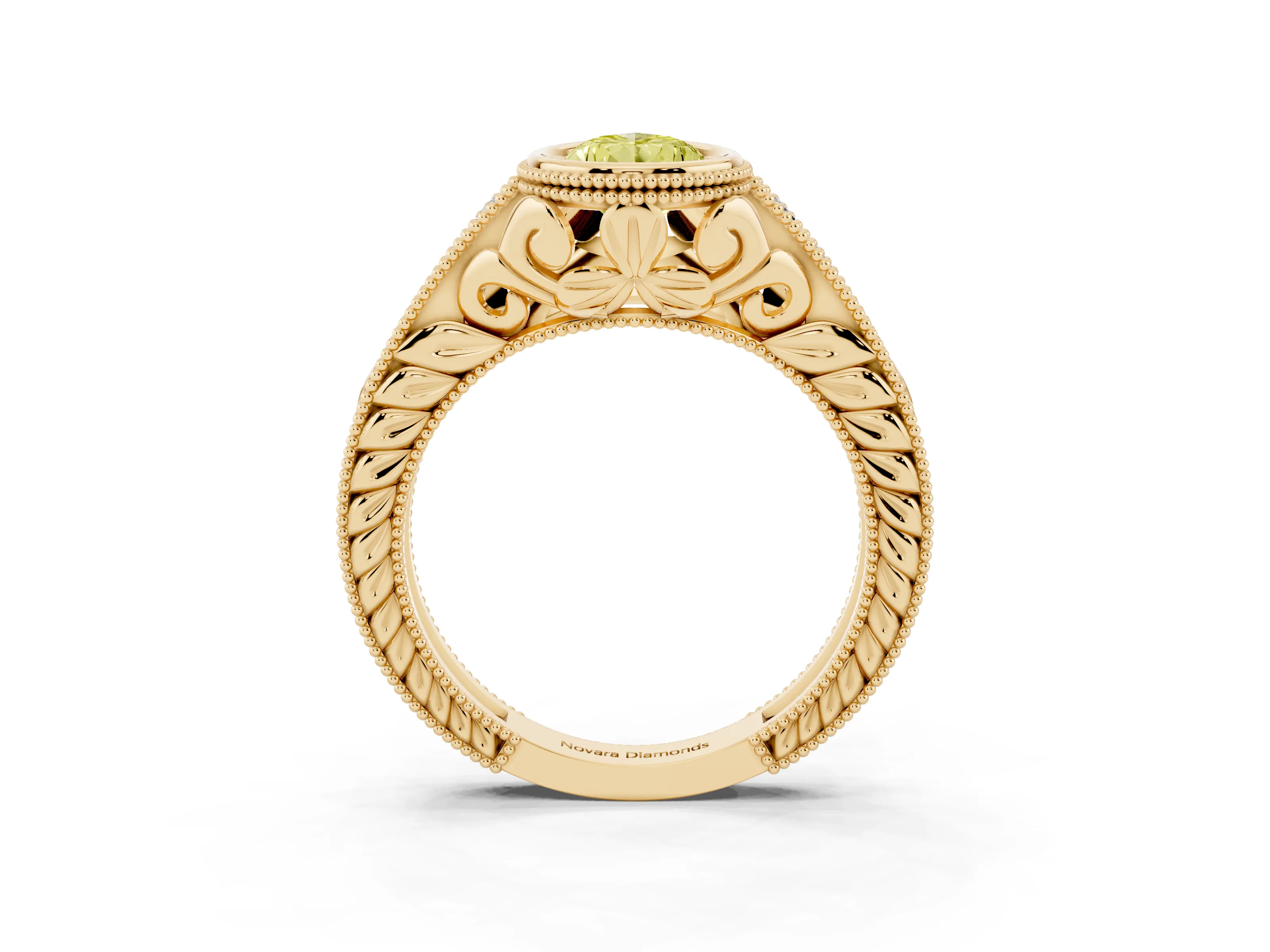 Fancy Yellow Bezel Set Pear Cut Diamond Milgrain Pavé Engagement Ring Set in Yellow gold