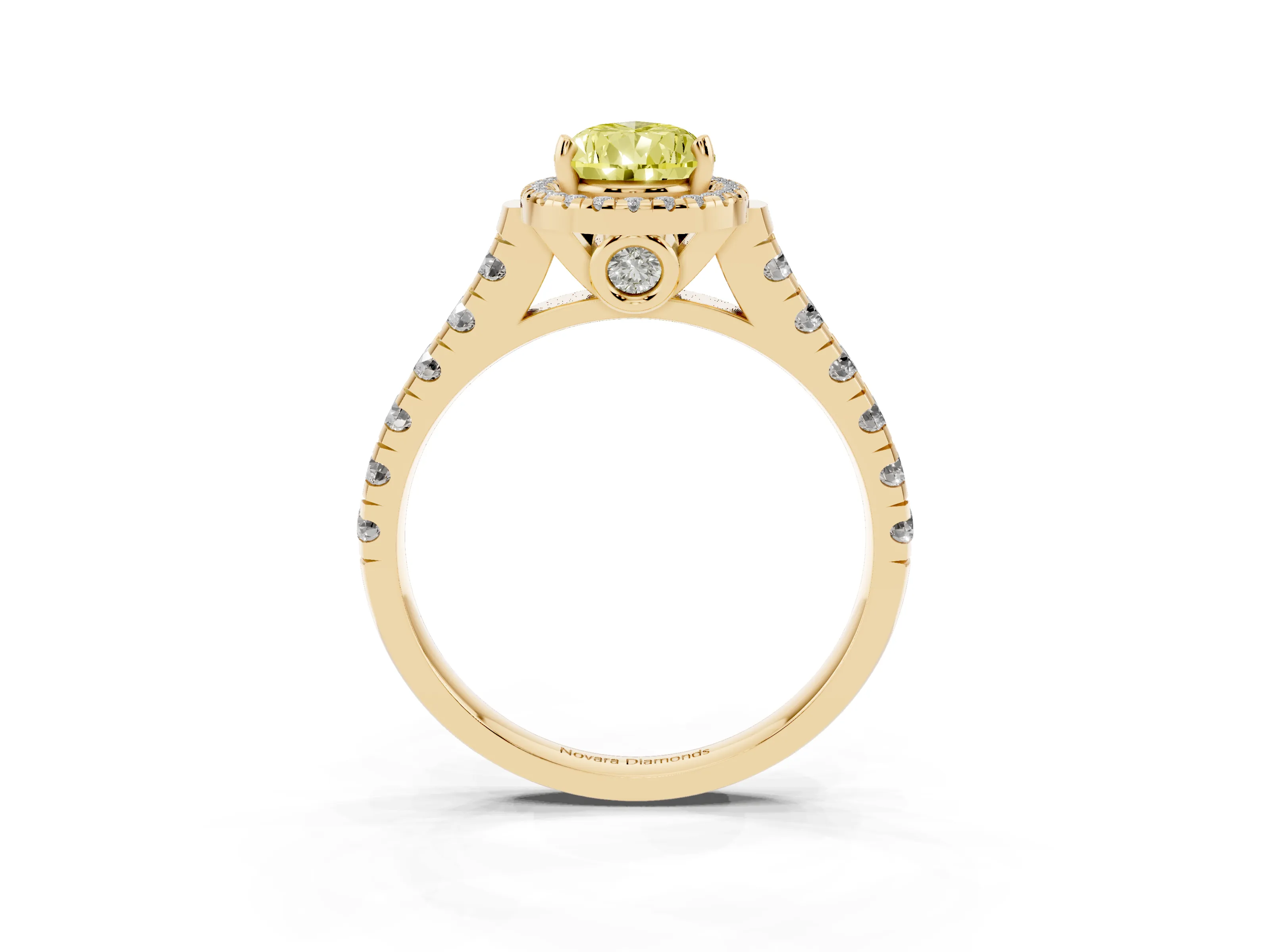 Fancy Yellow Pear Cut Diamond Halo Engagement Ring Set in Yellow gold with Pavé Band and Prong-Set Center