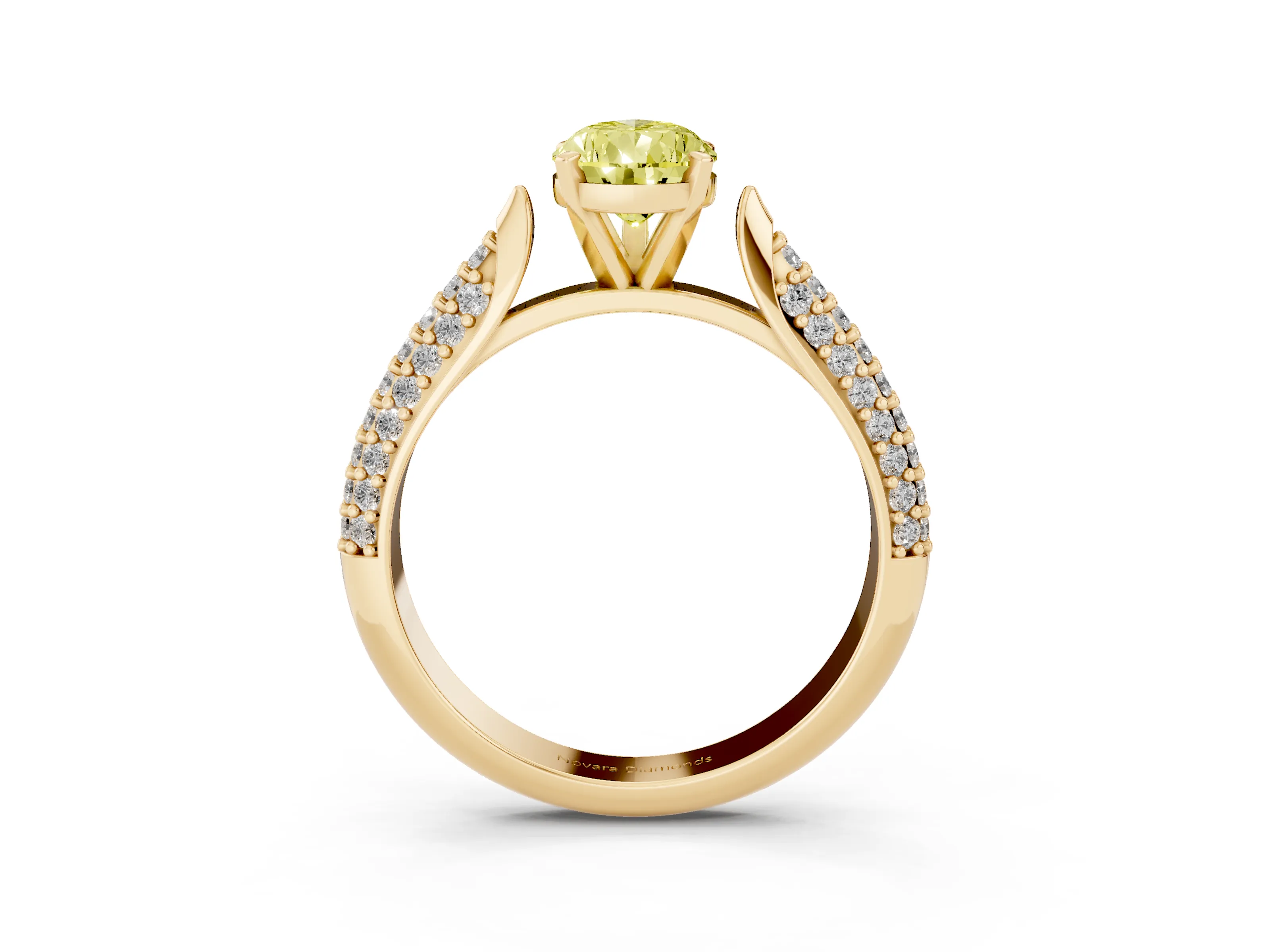 Fancy Yellow Pear Cut Diamond Solitaire Engagement Ring Set in Yellow gold with Multi-Row Round Pavé Band and Prong Setting
