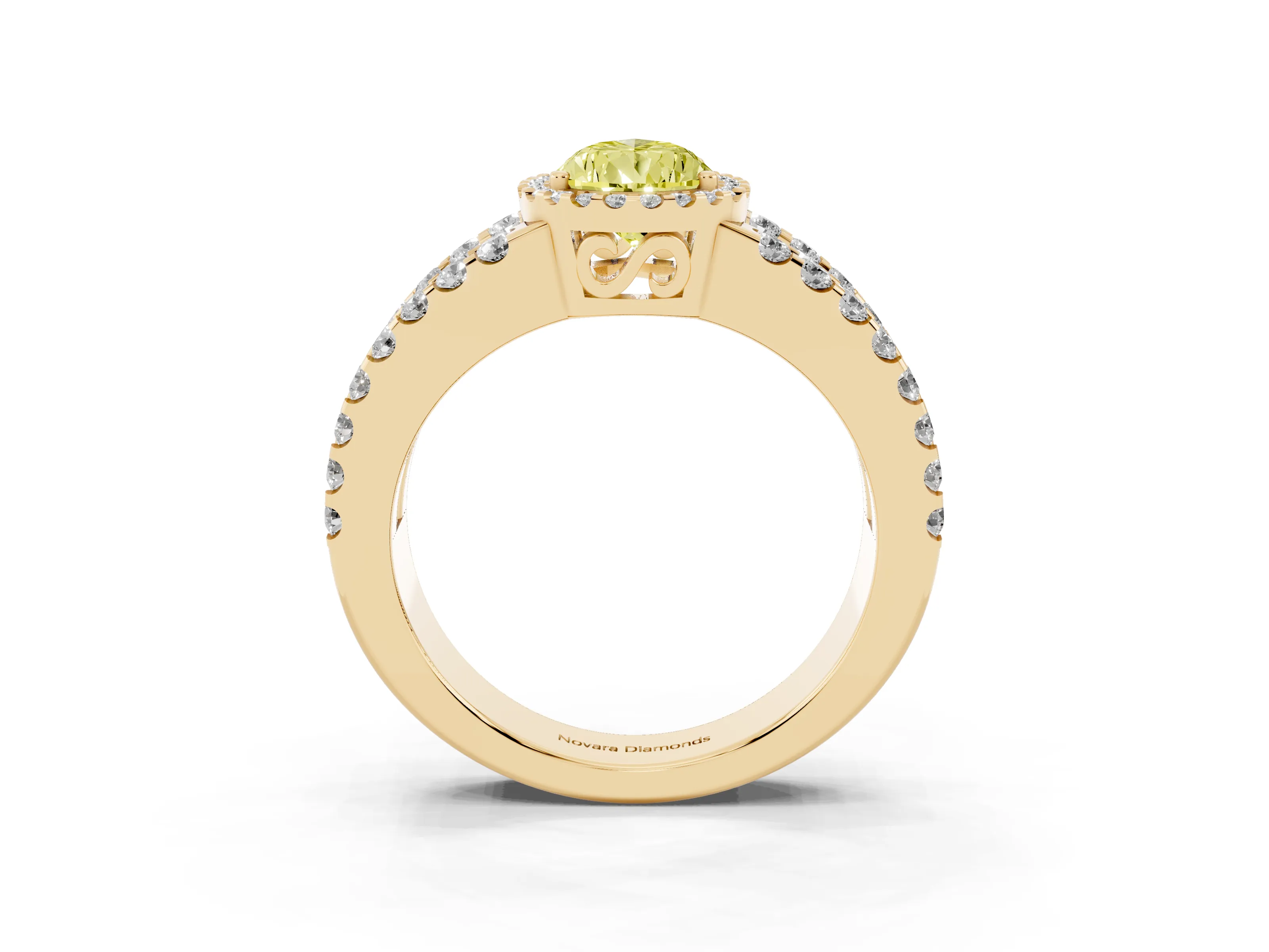 Fancy Yellow Pear Cut Diamond Halo Ring Set in Yellow gold with Pavé Split Shank and Prong Setting