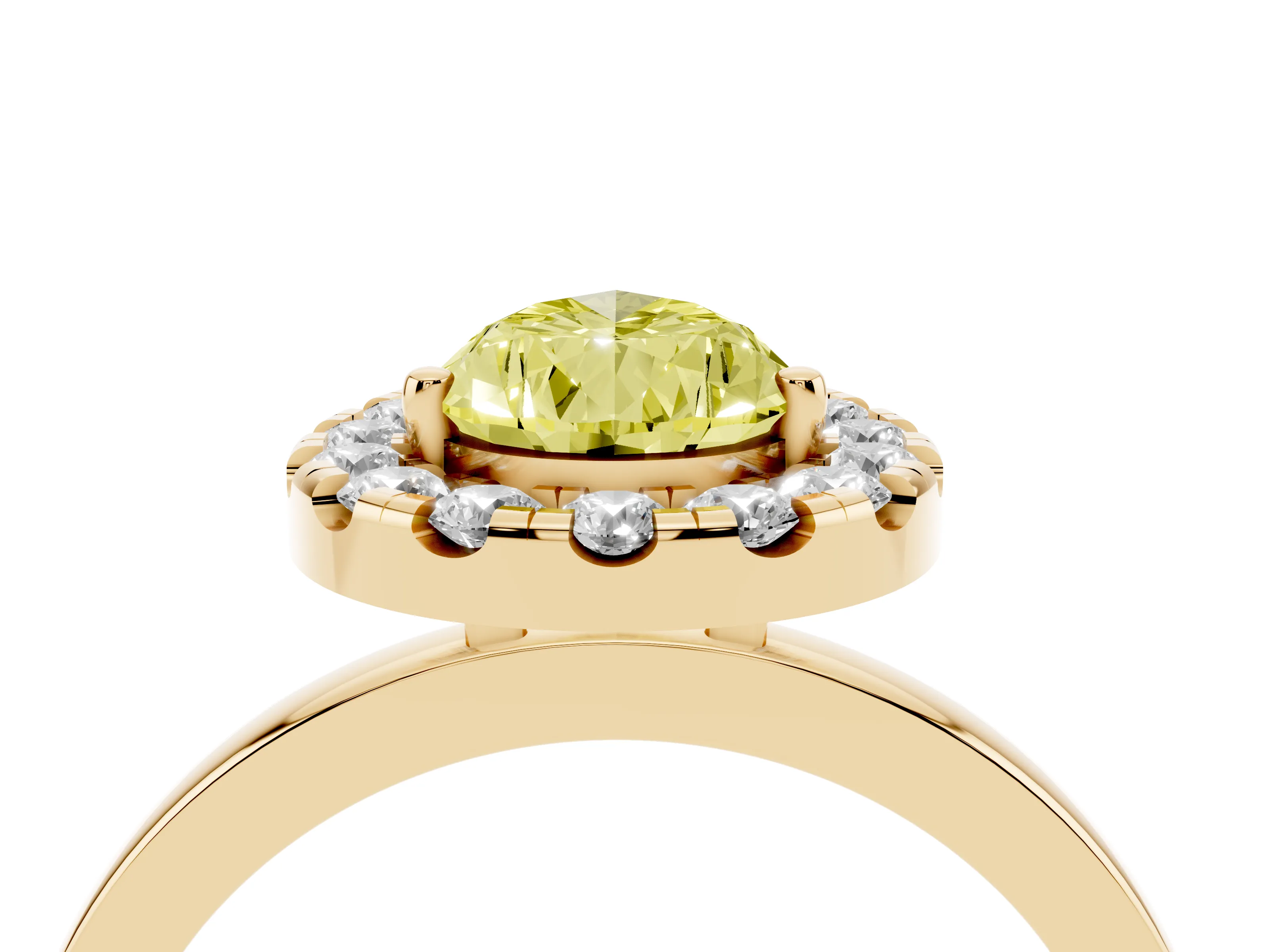 Fancy Yellow Pear Cut Diamond Halo Solitaire Ring Set in Yellow gold with Pavé Band and Prong Setting