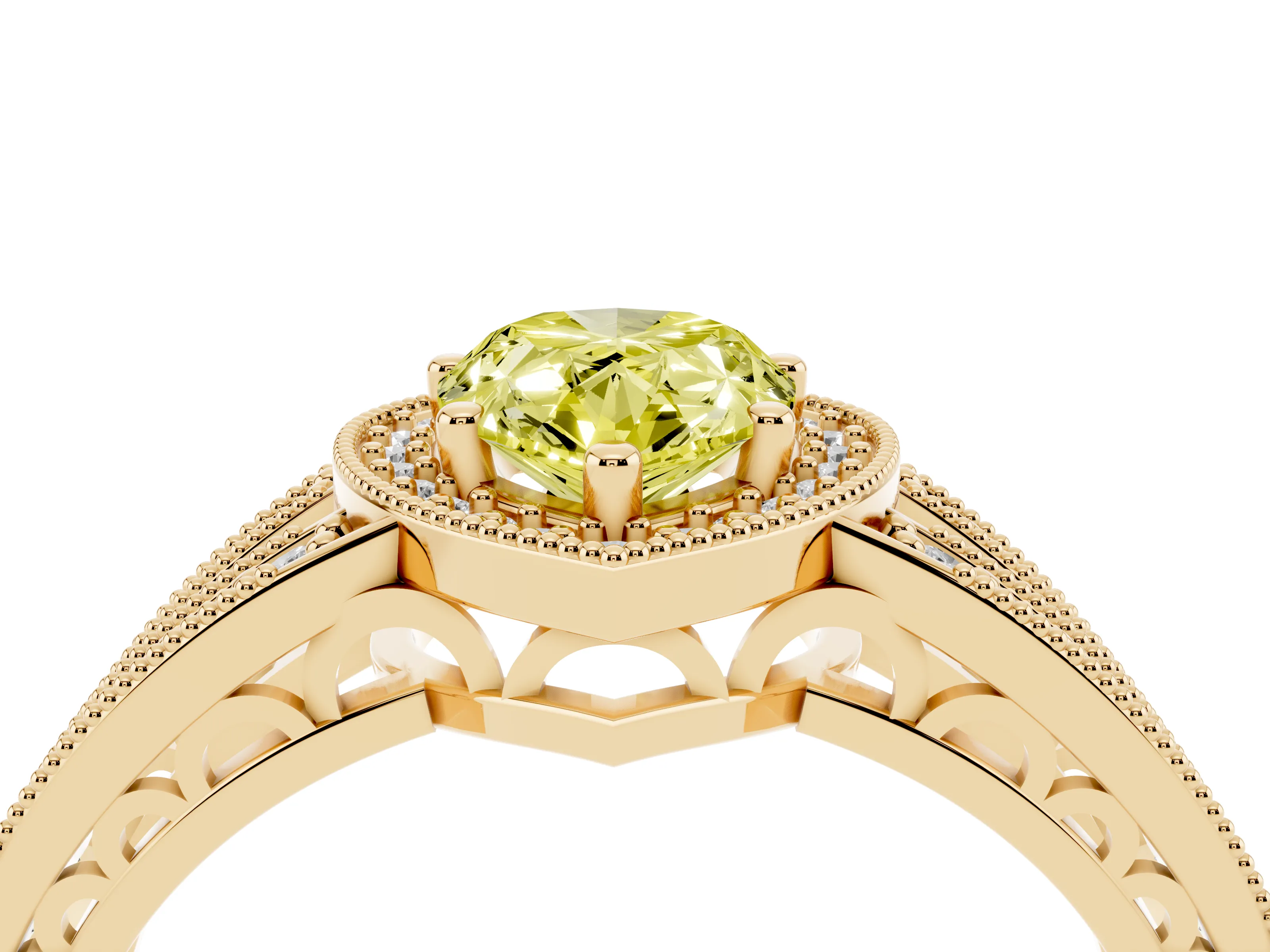 Fancy Yellow Pear Cut Diamond Halo Ring Set in Yellow gold with Accent Split Shank and Prong Setting