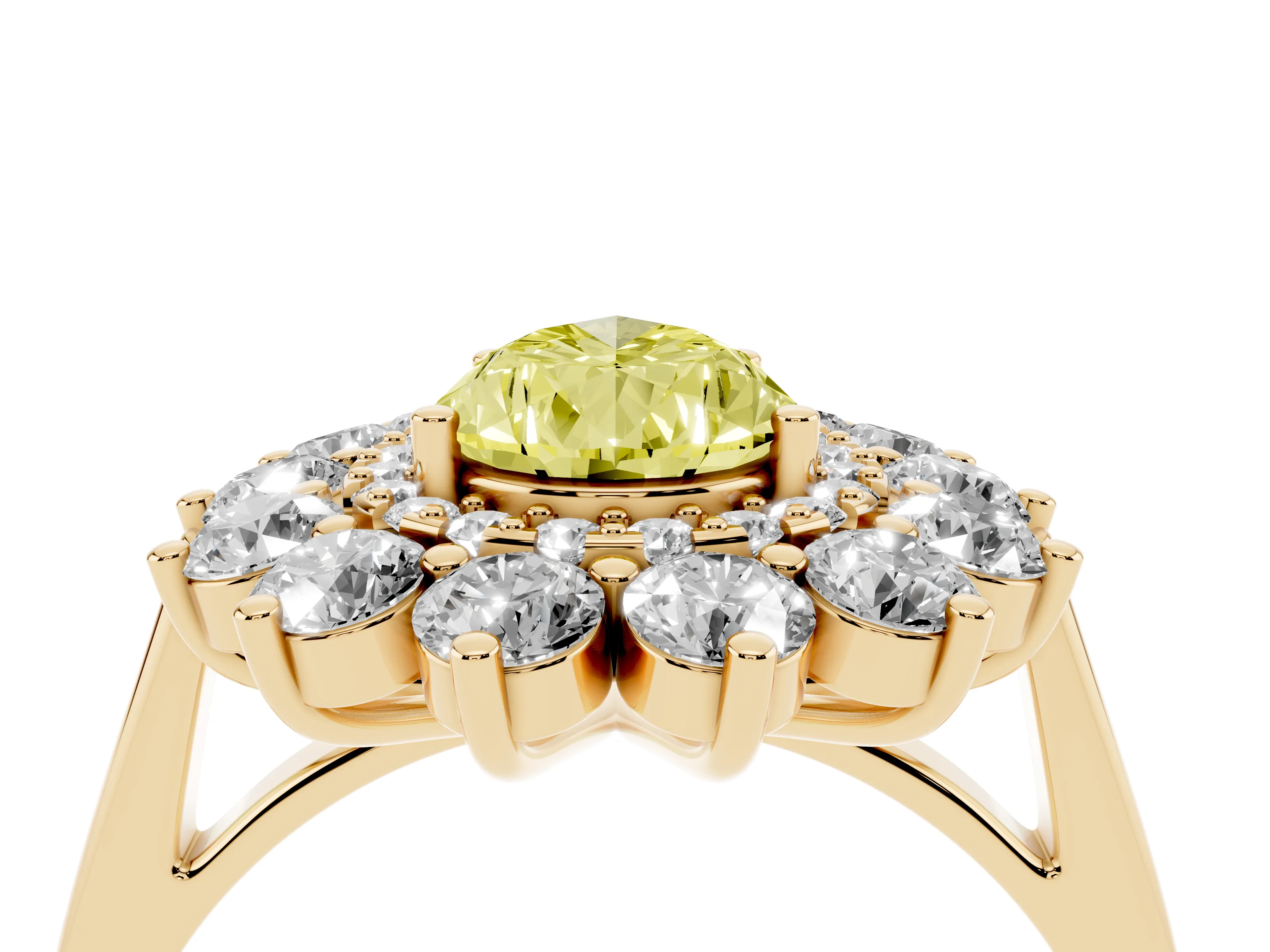 Fancy Yellow Pear Cut Diamond Floral Double Halo Ring Set in Yellow gold with Round Petals
