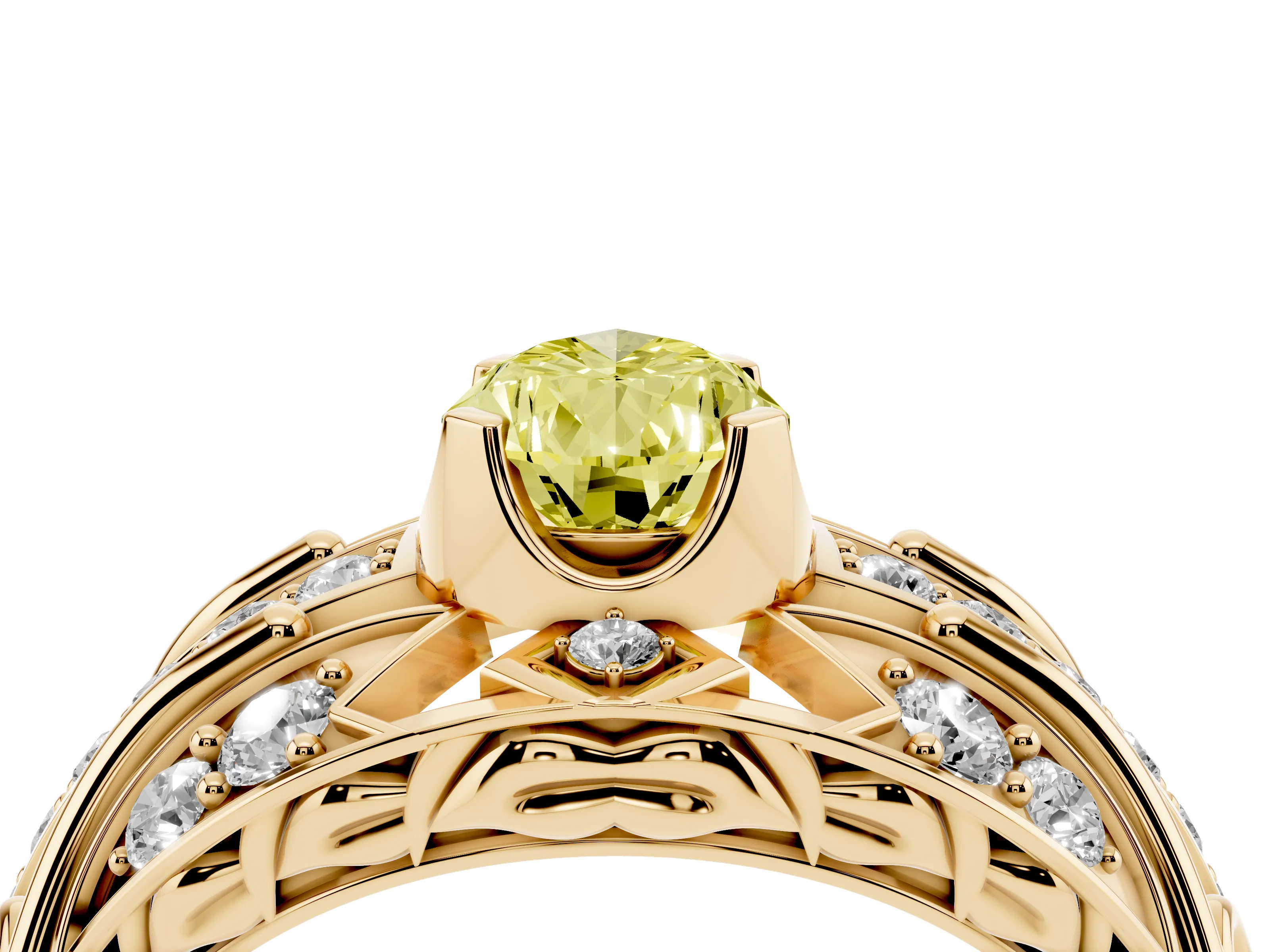 Fancy Yellow Pear Cut Diamond Art Deco Ring Set in Yellow gold with Pavé Split Shank