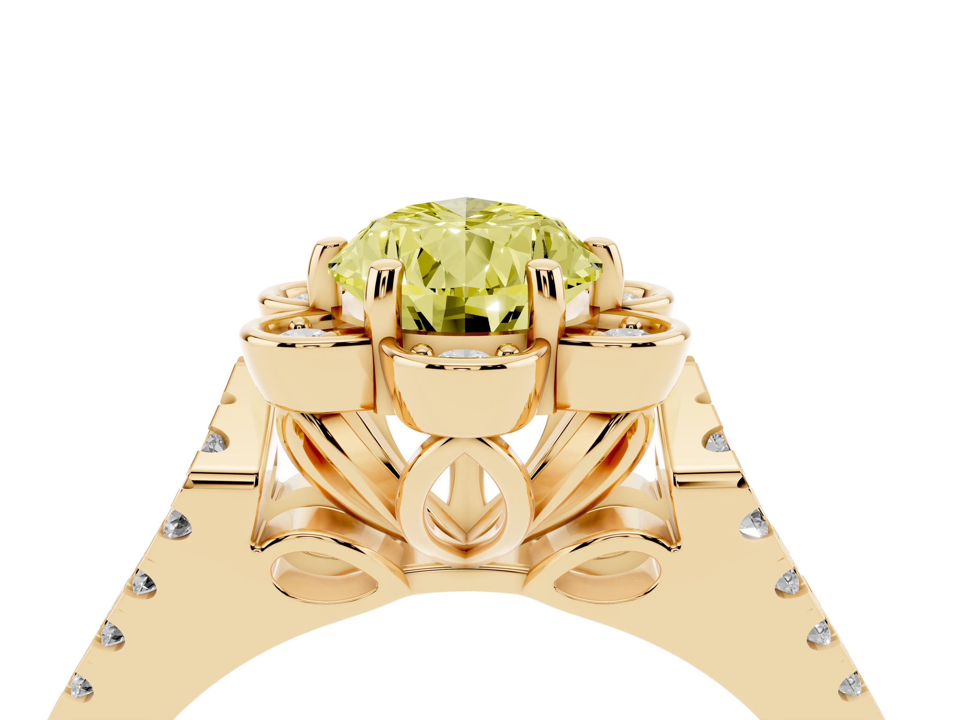 Fancy Yellow Pear Cut Diamond Floral Halo Split Shank Engagement Ring Set in Yellow gold with Pavé Shank