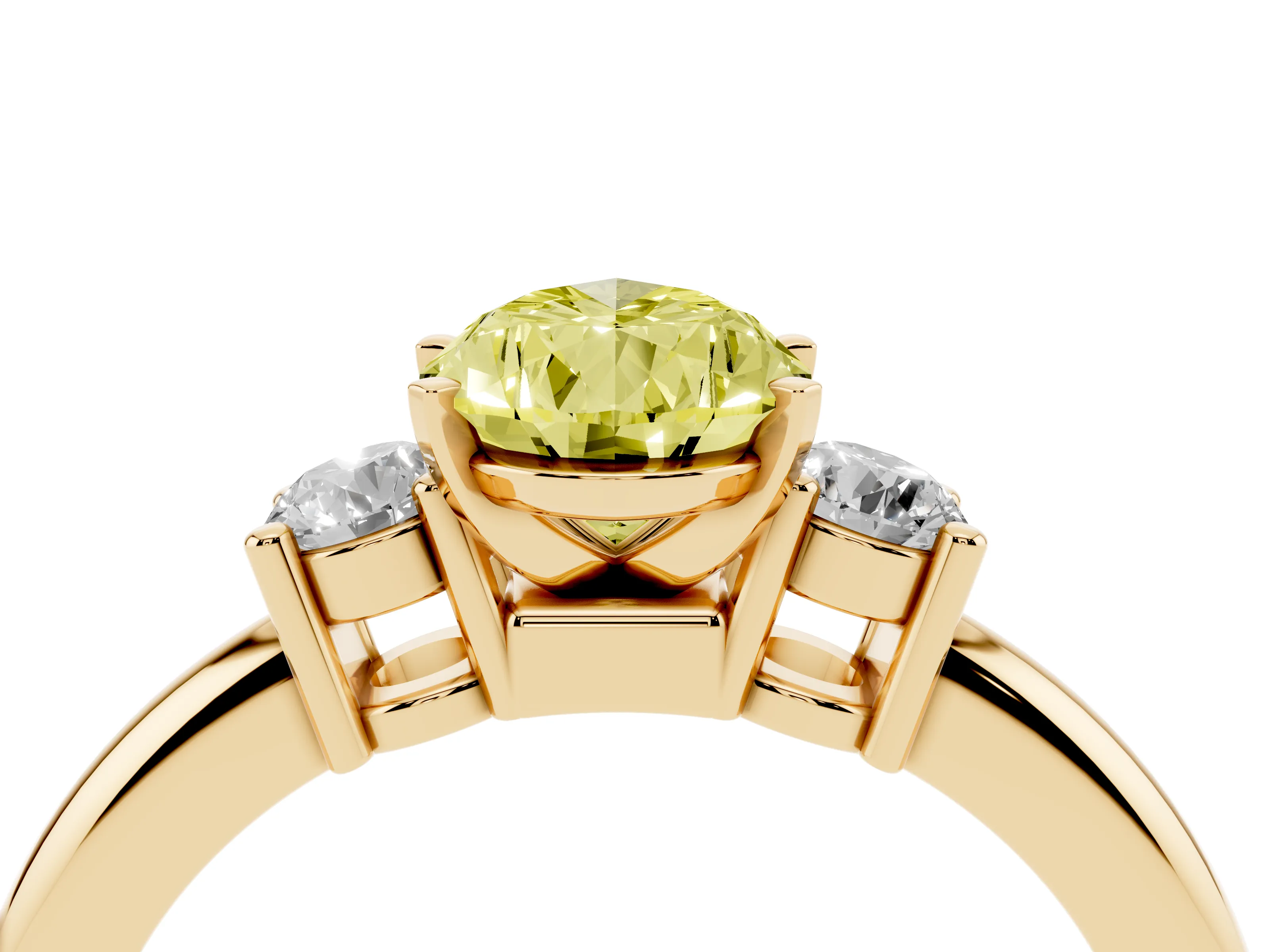 Fancy Yellow Three-Stone Pear Cut Diamond Ring Set in Yellow gold with Prong Setting and Plain Band