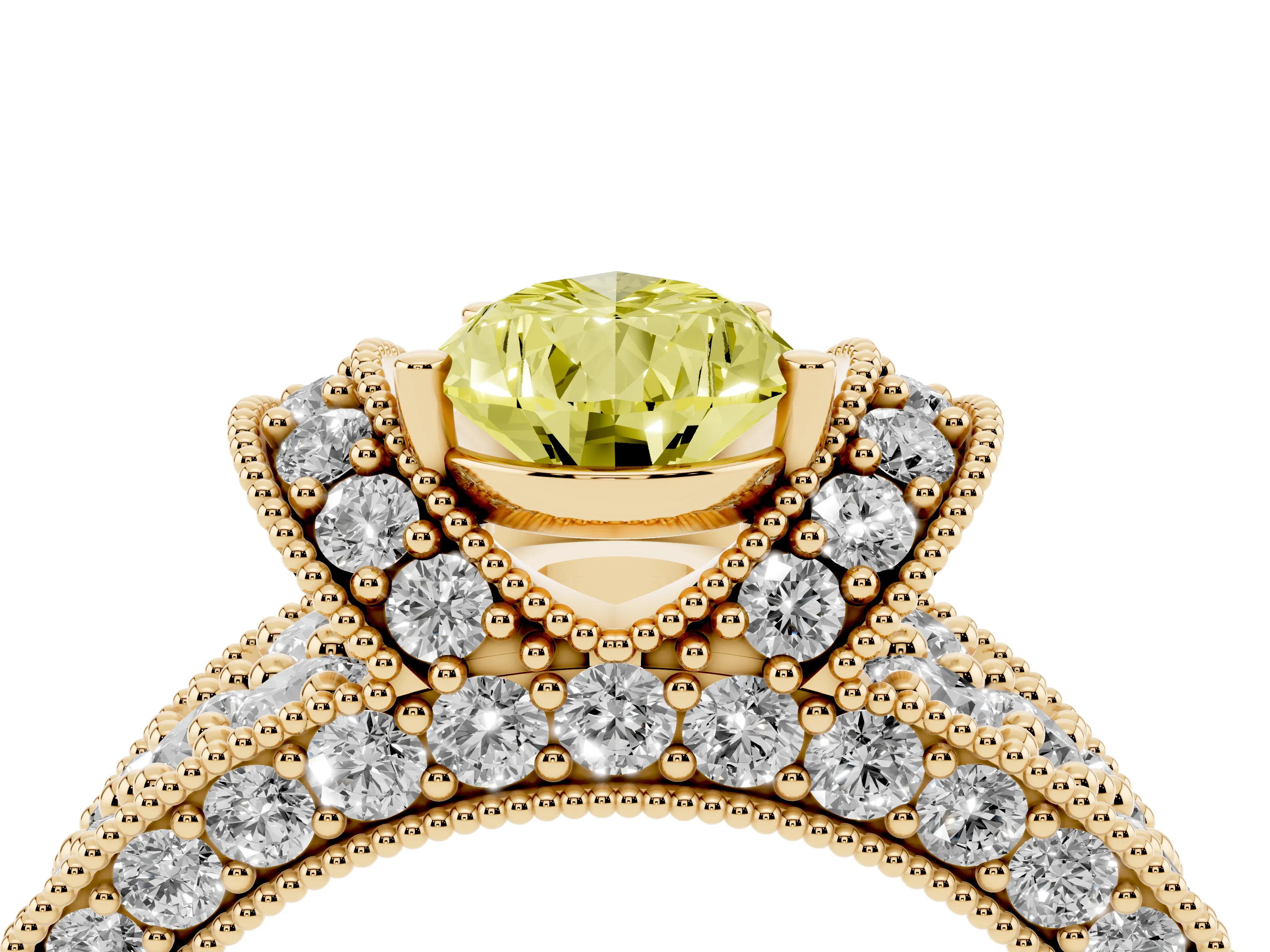 Fancy Yellow Pear Cut Diamond Milgrain Halo Pavé Engagement Ring Set in Yellow gold with Prong Setting