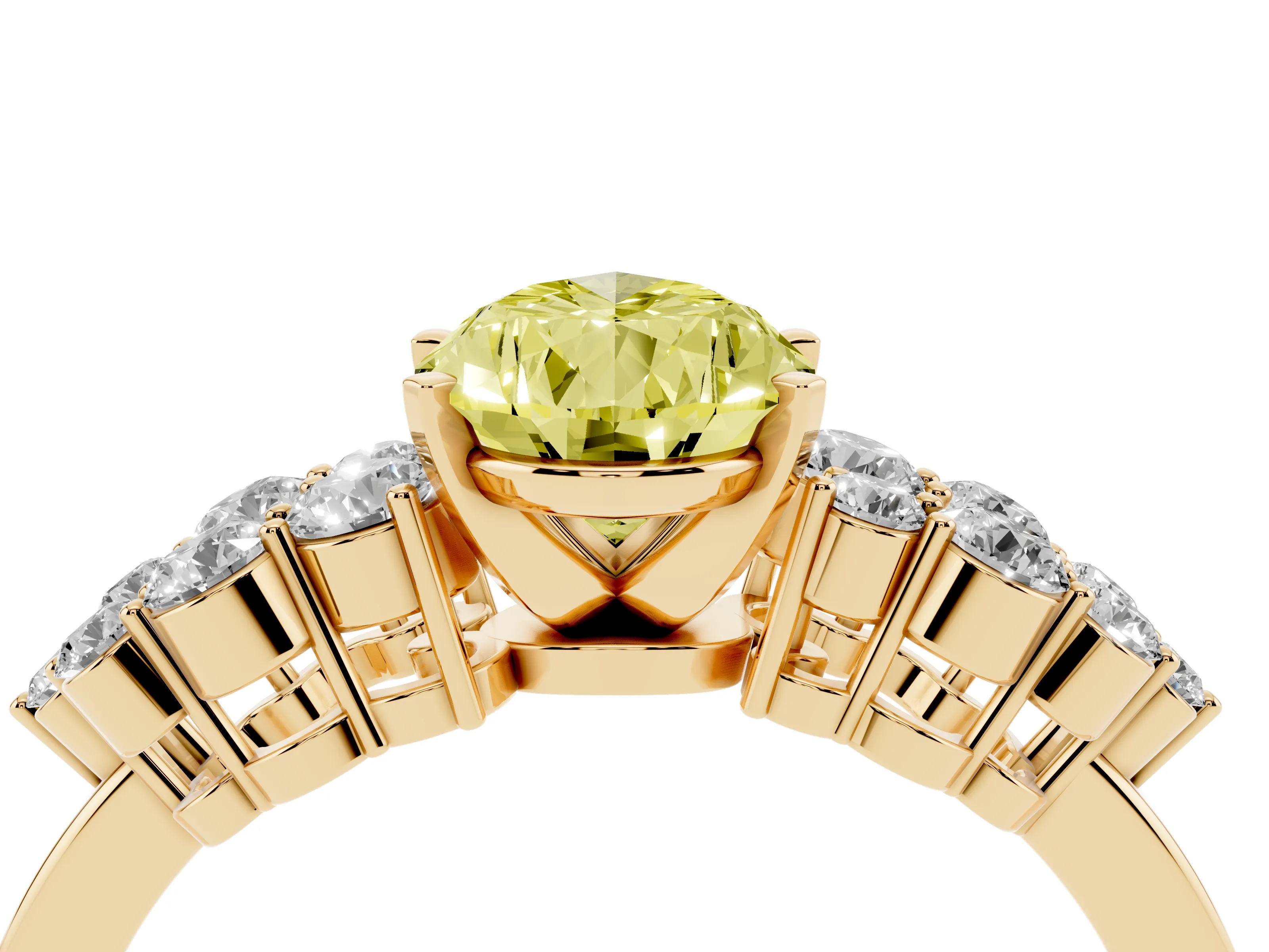 Fancy Yellow Pear Cut Diamond Cluster Engagement Ring Set in Yellow gold with Pavé Band and Prong Setting