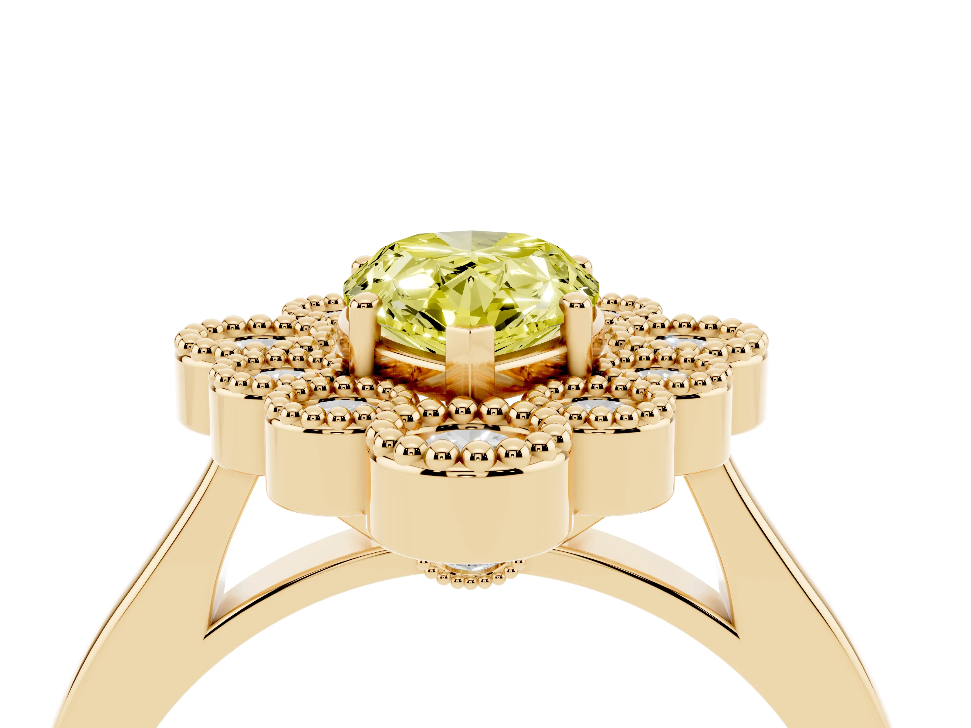 Fancy Yellow Pear Cut Diamond Cluster Halo Ring Set in Yellow gold with Milgrain Bezel Accents and Plain Band