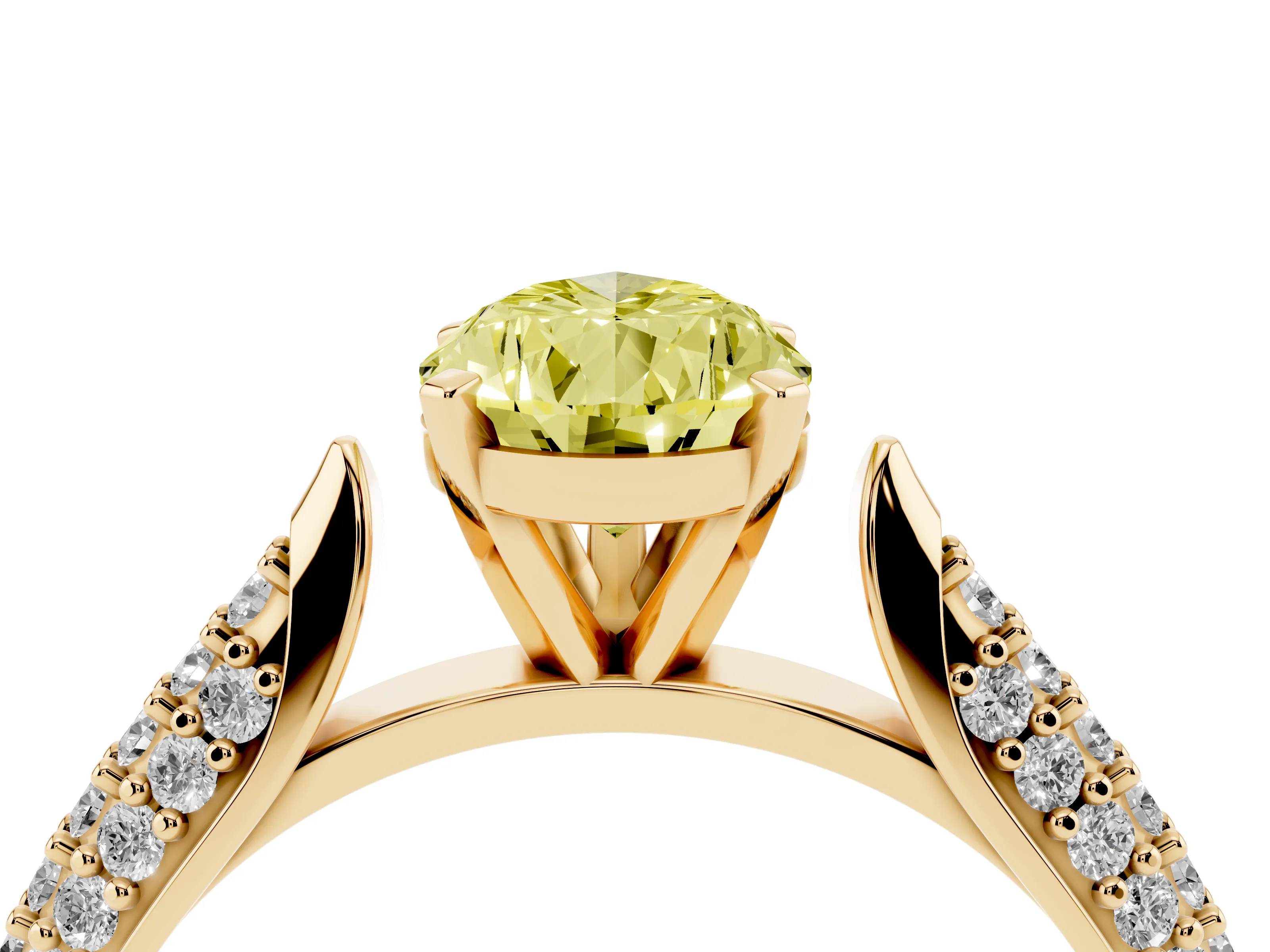 Fancy Yellow Pear Cut Diamond Solitaire Engagement Ring Set in Yellow gold with Multi-Row Round Pavé Band and Prong Setting
