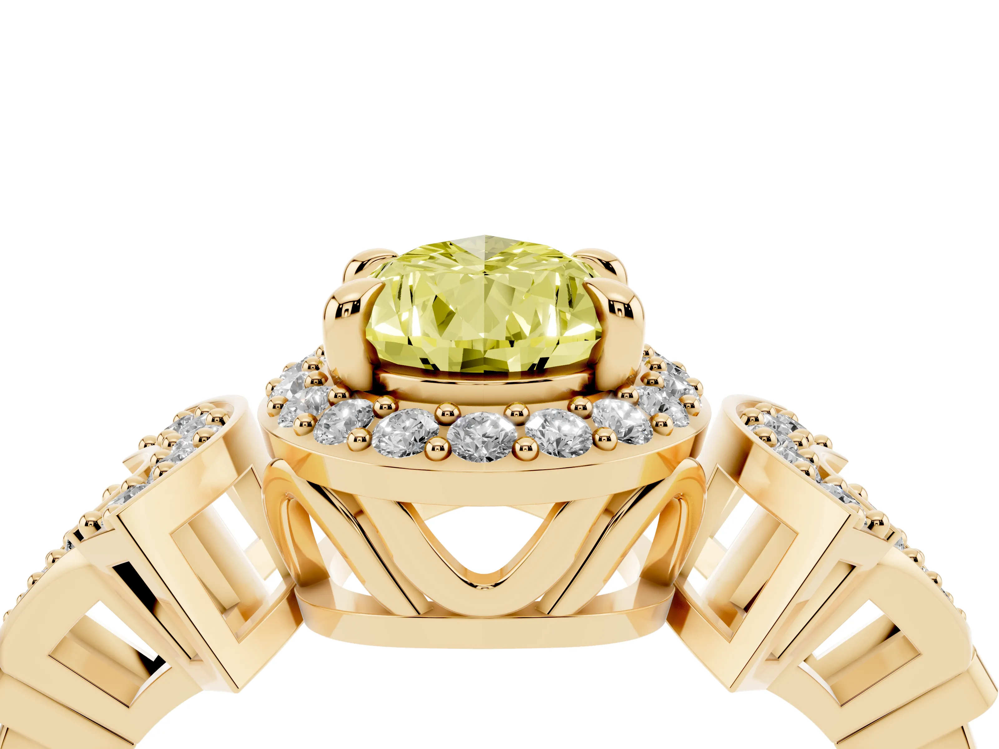 Fancy Yellow Pear Cut Diamond Halo Engagement Ring Set in Yellow gold with Accent Stone Split Shank