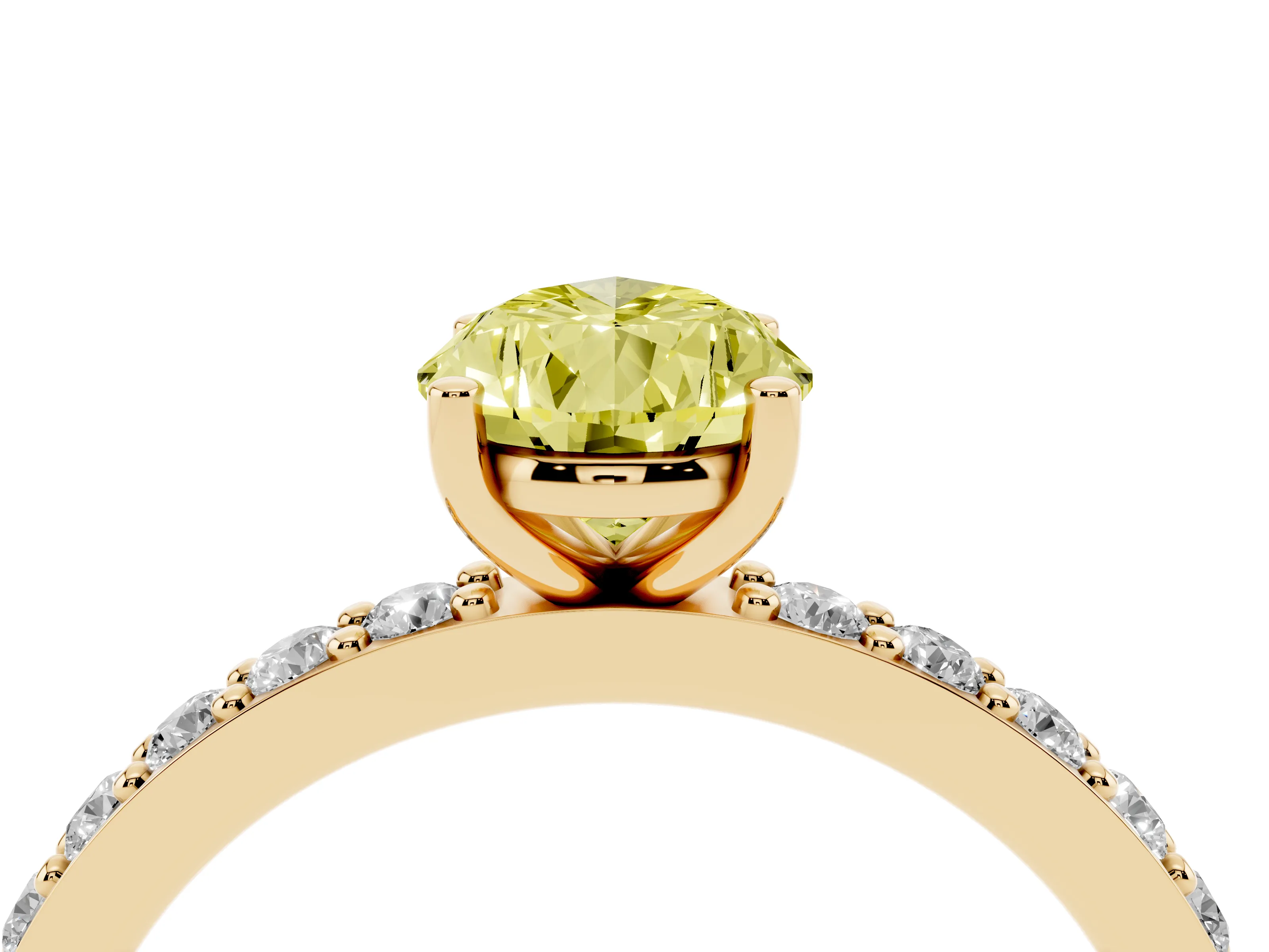 Fancy Yellow Pear Cut Diamond Solitaire Set in Yellow gold with Round Pavé Band and Prong Setting